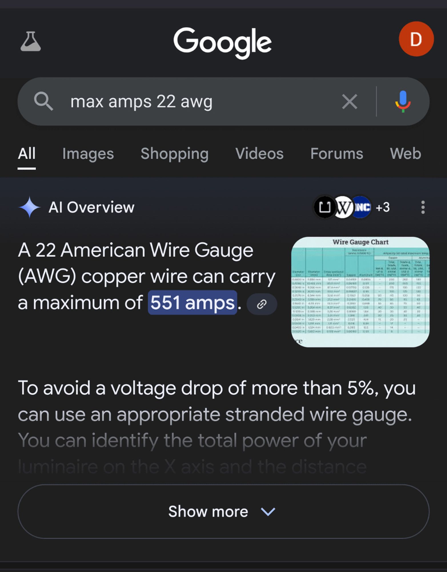 Google's "AI Overview" claiming a 22 AWG wire can carry up to 551 amps. (The actually value is ~5 amps.)