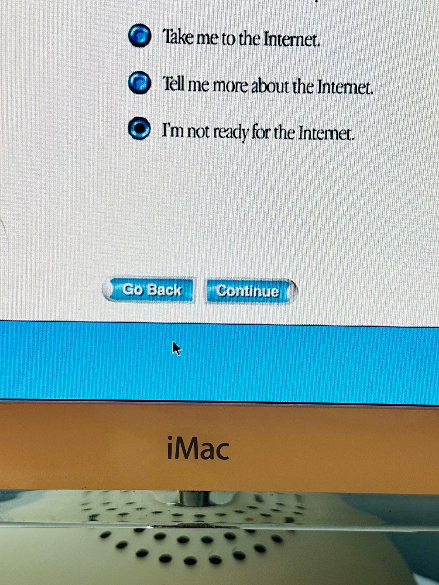 iMac G4 from 2002, "I'm not ready for the Internet" is selected in the Internet Connection wizard