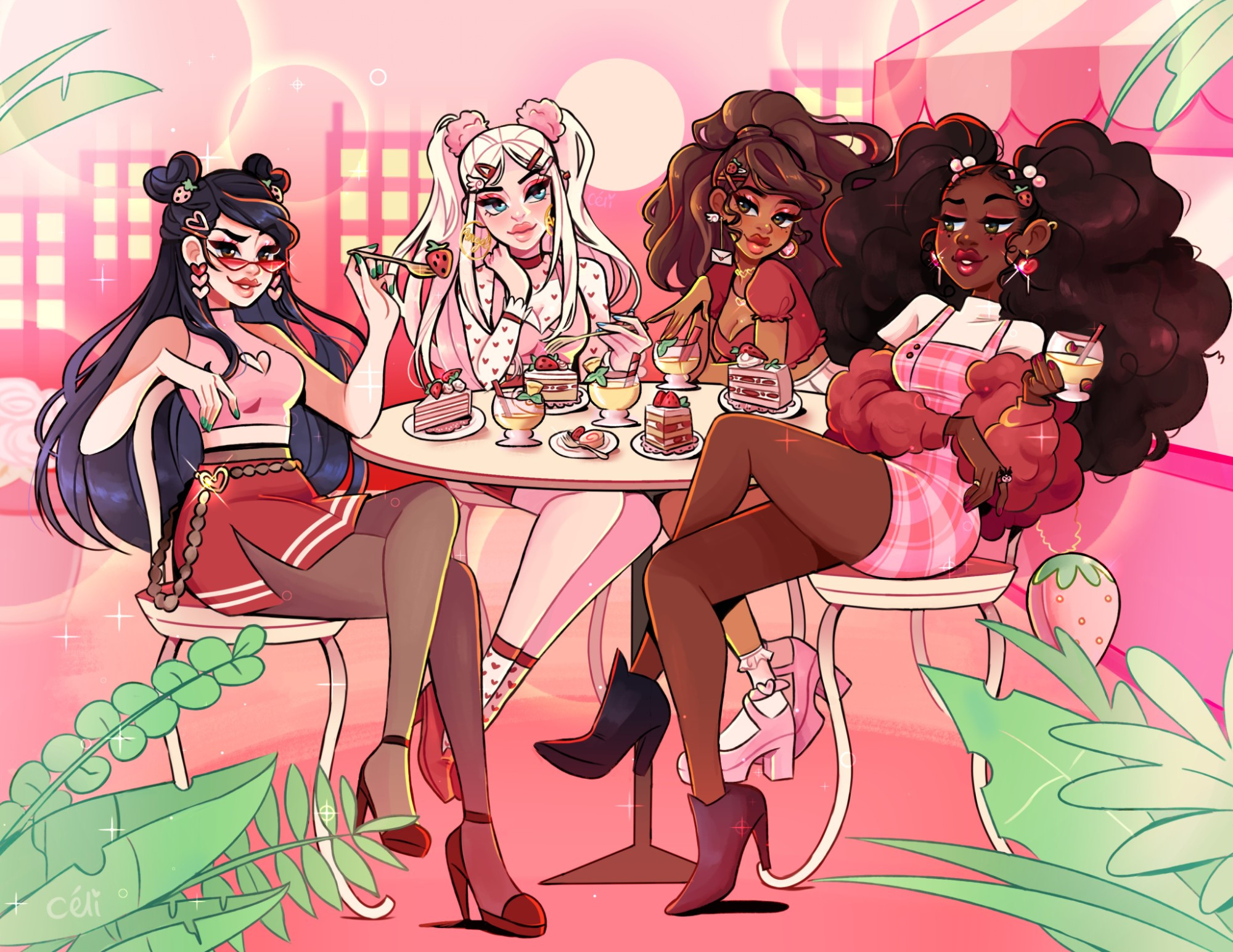 illustration of (from left to right) Jade, Cloe, Jasmine and Sasha from Bratz sitting at a table eating strawberry shortcake and drinking piña coladas in front of a cafe. it looks like they're gossiping and they're all wearing pink