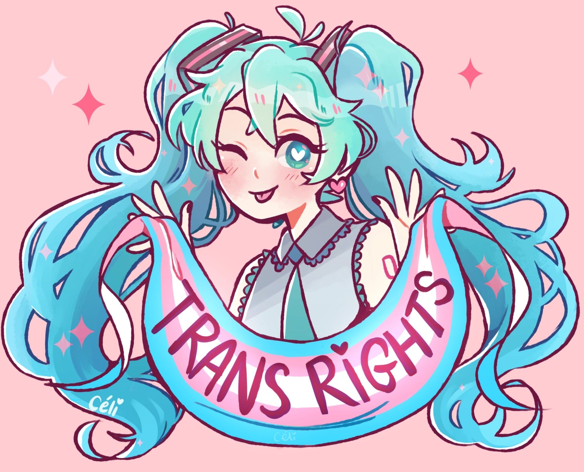 illustration of a winking hatsune miku holding a trans flag with the text "trans rights" on it