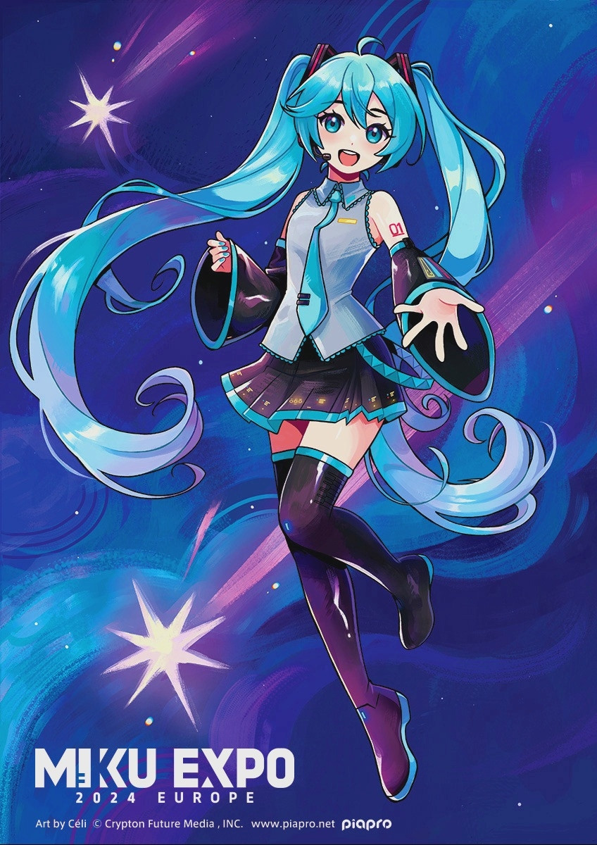 illustration of Hatsune Miku, background painted like it's a nightsky with falling stars. text says "miku expo 2024 europe - art by céli (c) crypton future media"