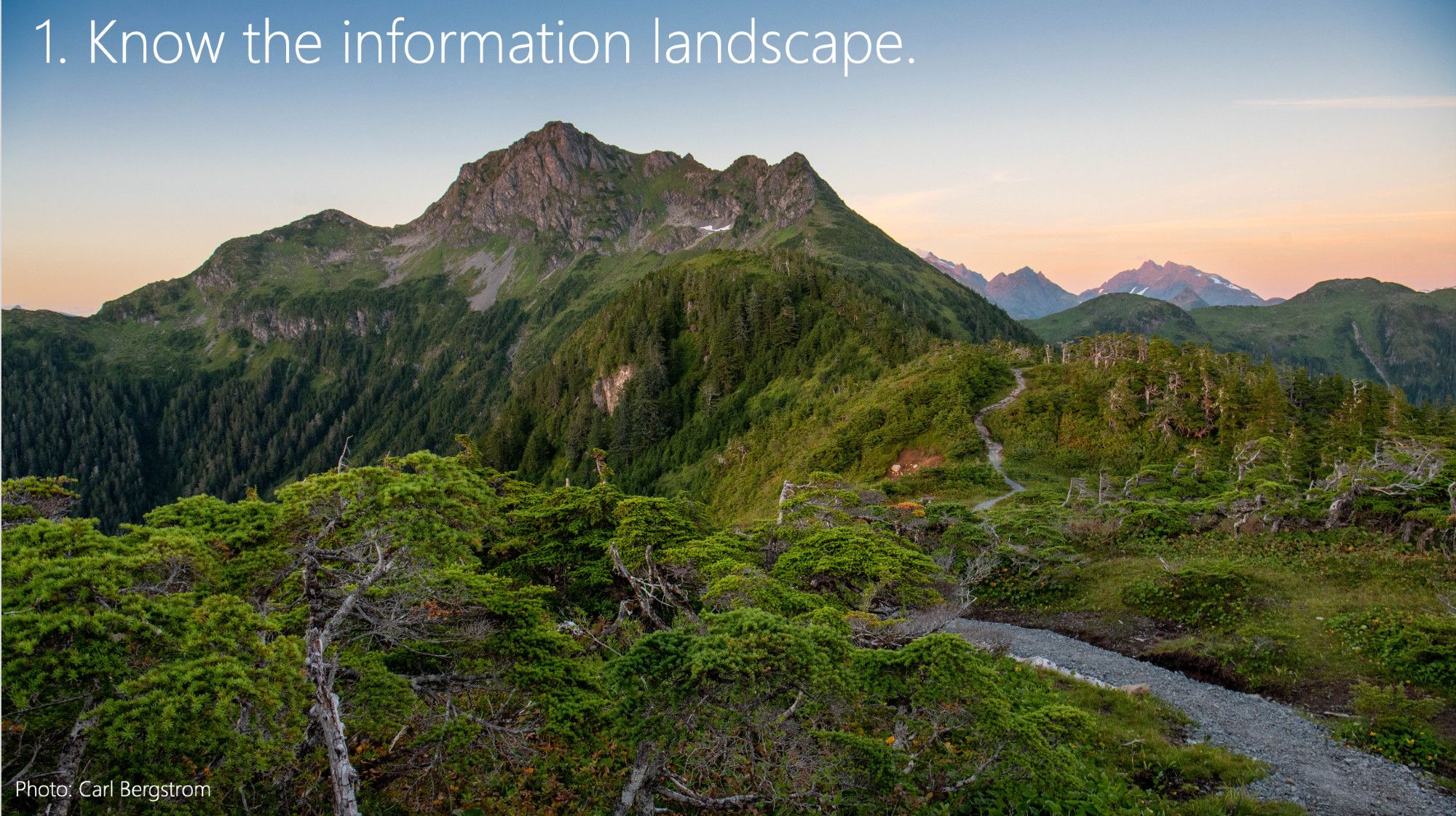 Photo of Harbor Mountain near Sitka, AK from a high pass. 

Text:  Know the information landscape.