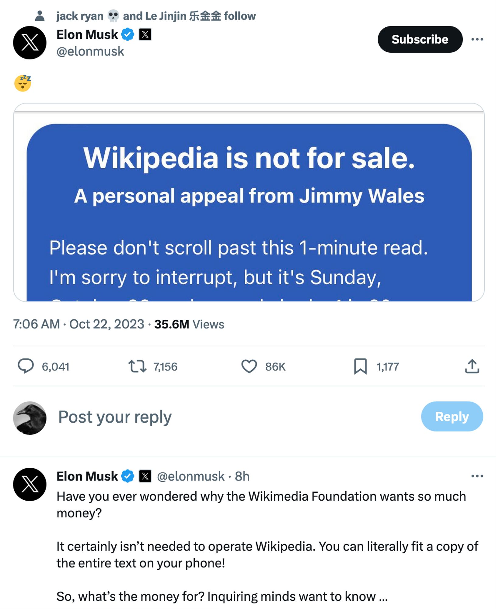 Elon Musk tweet attacking wikipedia fund raising ad that says "Wikipedia is not for sale"