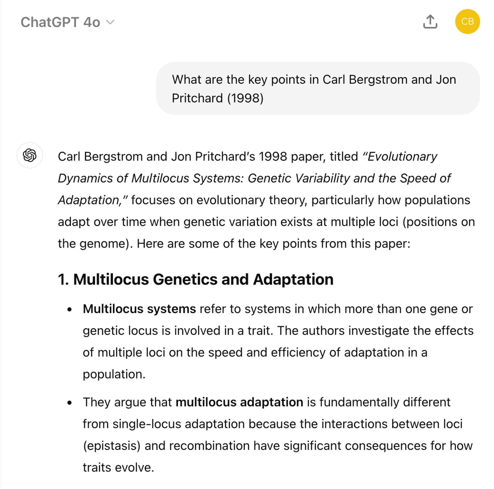 Adding first names at least gets us into the right field: evolutionary genetics instead of microeconomics.

But this paper doesn't exist either.

---

What are the key points in Carl Bergstrom and Jon Pritchard (1998)

Carl Bergstrom and Jon Pritchard’s 1998 paper, titled “Evolutionary Dynamics of Multilocus Systems: Genetic Variability and the Speed of Adaptation,” focuses on evolutionary theory, particularly how populations adapt over time when genetic variation exists at multiple loci (positions on the genome). Here are some of the key points from this paper: