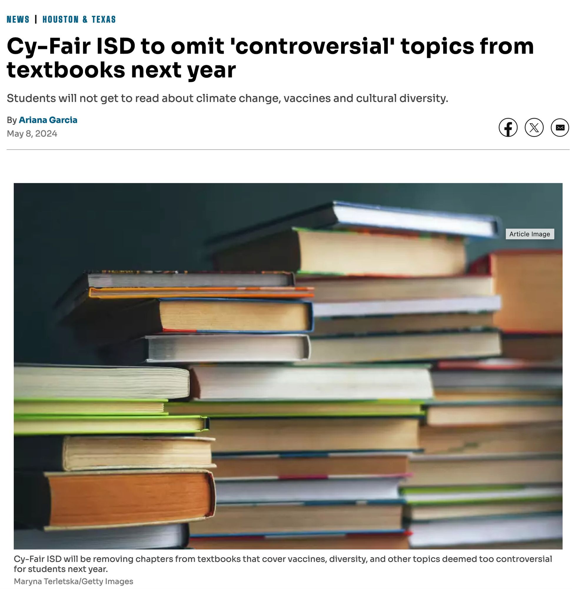 Cy-Fair ISD to omit 'controversial' topics from textbooks next year
Students will not get to read about climate change, vaccines and cultural diversity.