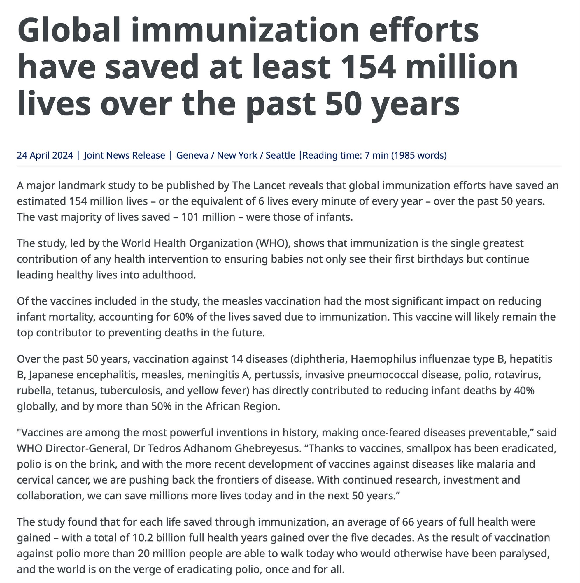 Global immunization efforts have saved at least 154 million lives over the past 50 years