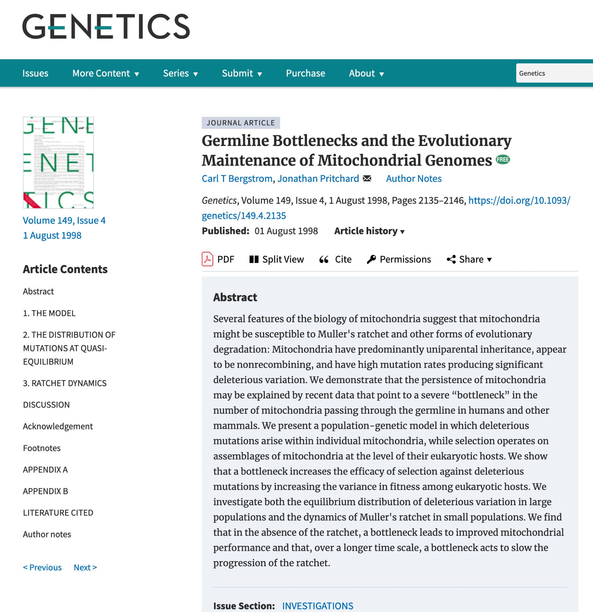 The actual 1998 paper. 

---

Screenshot of 

Germline Bottlenecks and the Evolutionary Maintenance of Mitochondrial Genomes
,
Author Notes
Genetics, Volume 149, Issue 4, 1 August 1998, Pages 2135–2146, https://doi.org/10.1093/genetics/149.4.2135
Published:
01 August 1998
Article history