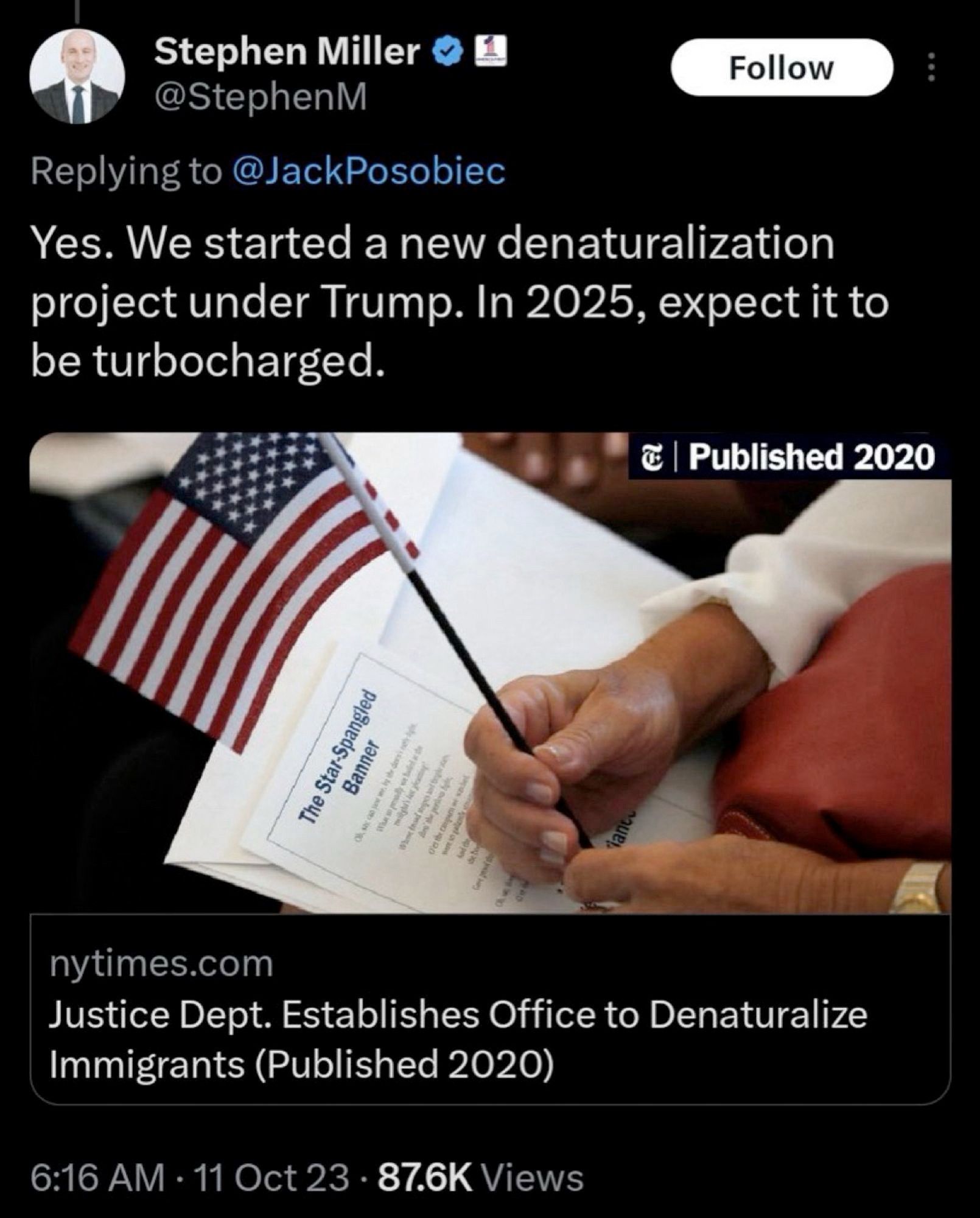 Stephen Miller:

Ye. We started a new denaturalization project under Trump. In 2025, expect it to be turbocharged.