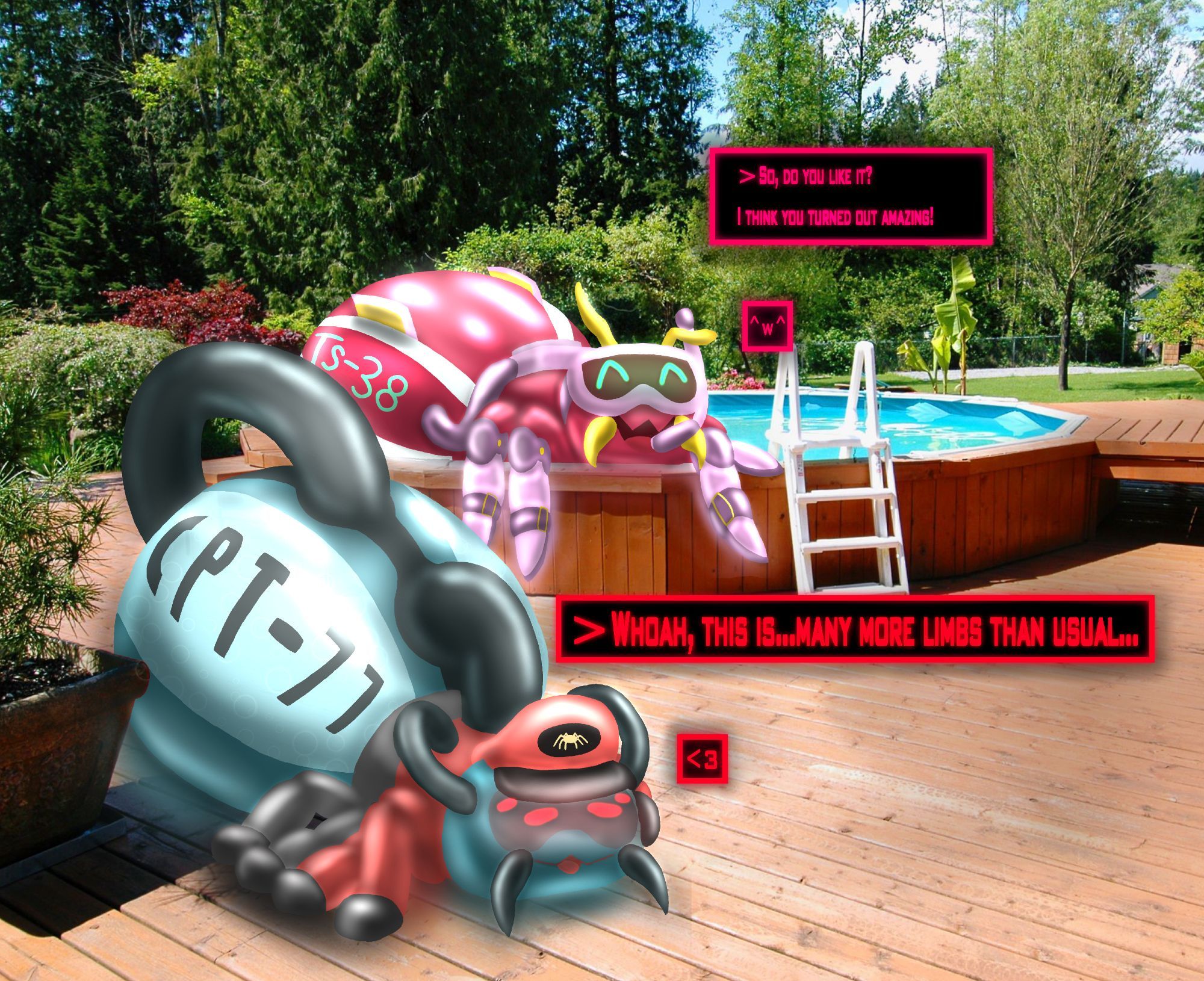 Reef, a large, pink inflatable spider in scuba gear, sits in a pool in the background. A text box above them says, "So, do you like it? I think you turned out amazing!" In the foreground, a spidertoy-ified Captain is getting up after recovering from their transformation. A text box above him reads, "Whoah, this is...many more limbs than usual..."