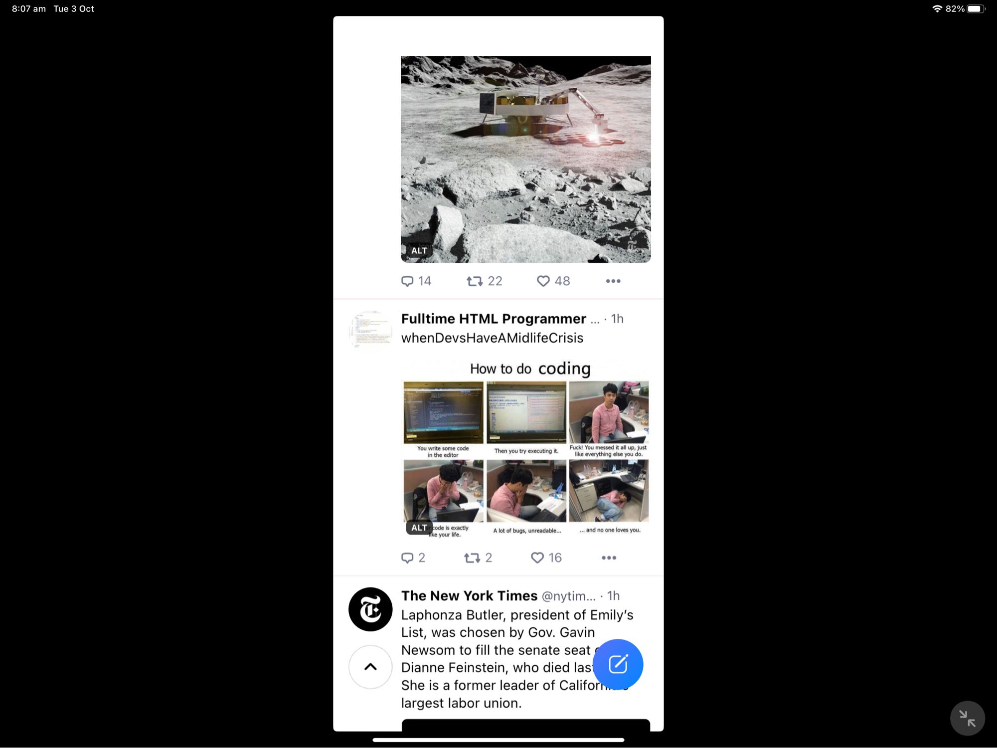 Shows a screen shot off the bluesky app as it shows on an iPad. With a small Central strip and 2 v Rey large black side panels