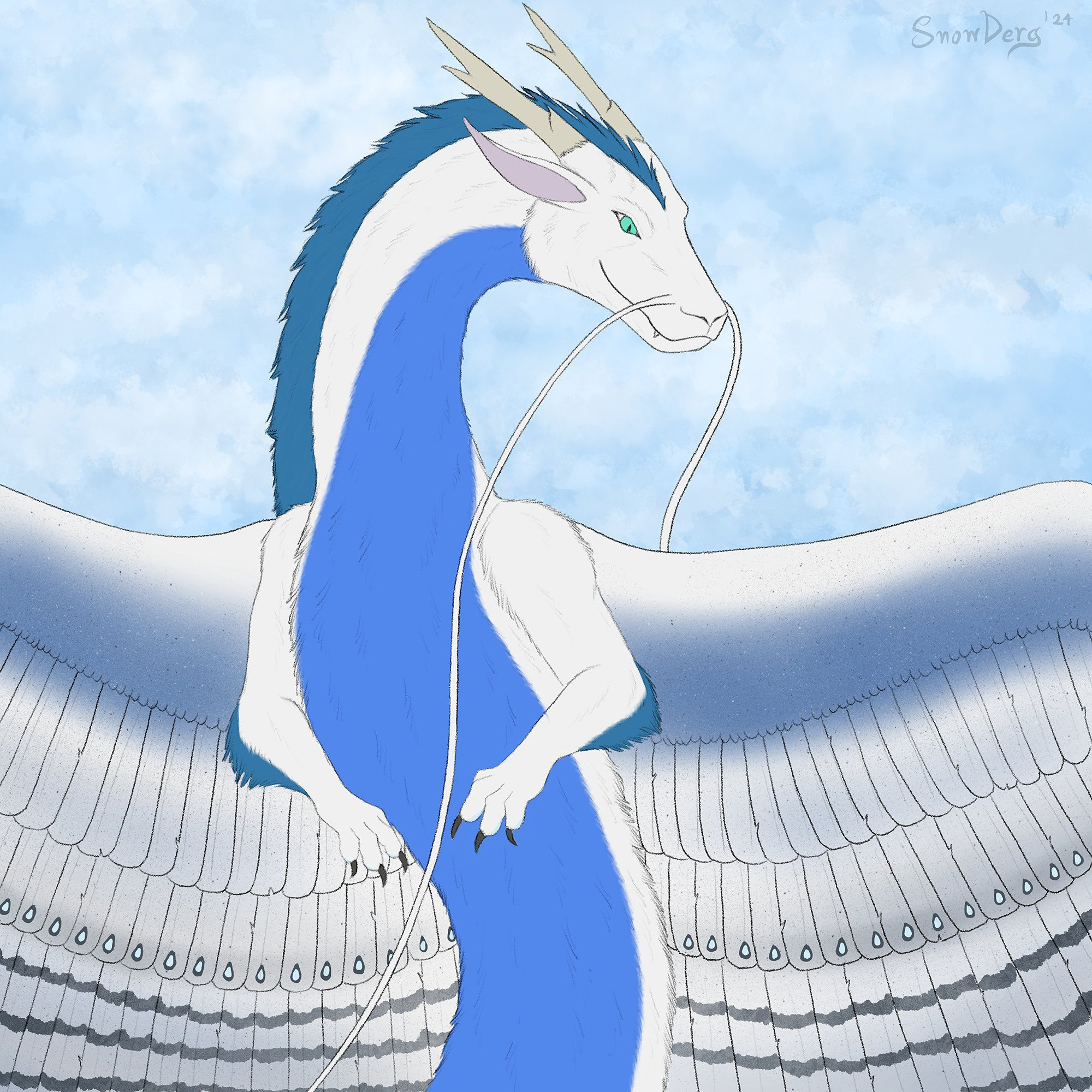 white and blue fluffy noodle dragon with feathered wings