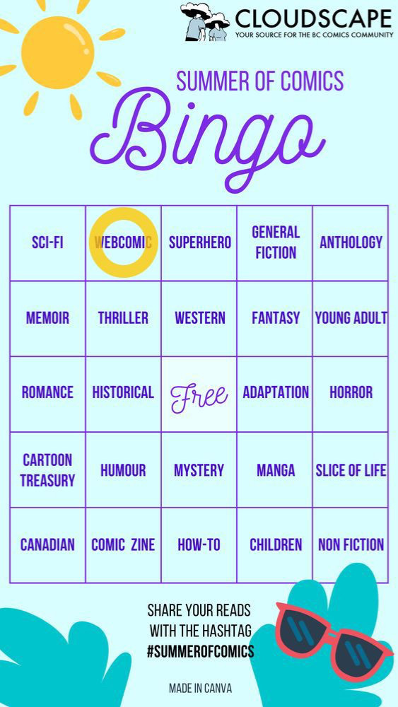 The cloudscape summer of comics bingo card with a yellow circle on the webcomic square