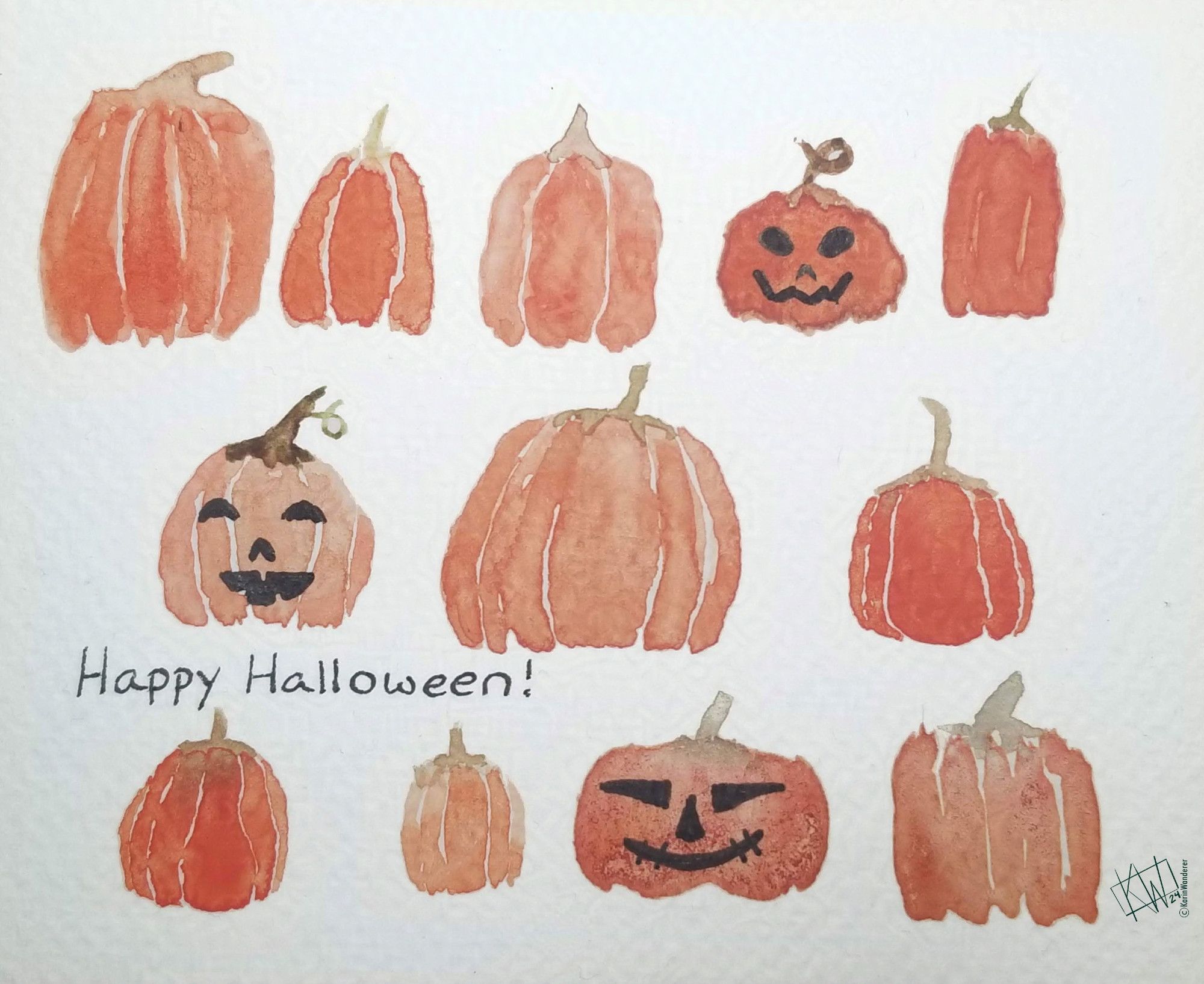 Watercolor pumpkins & jack-o-lanterns fill the page in 3 lines. Text reads "Happy Halloween!"