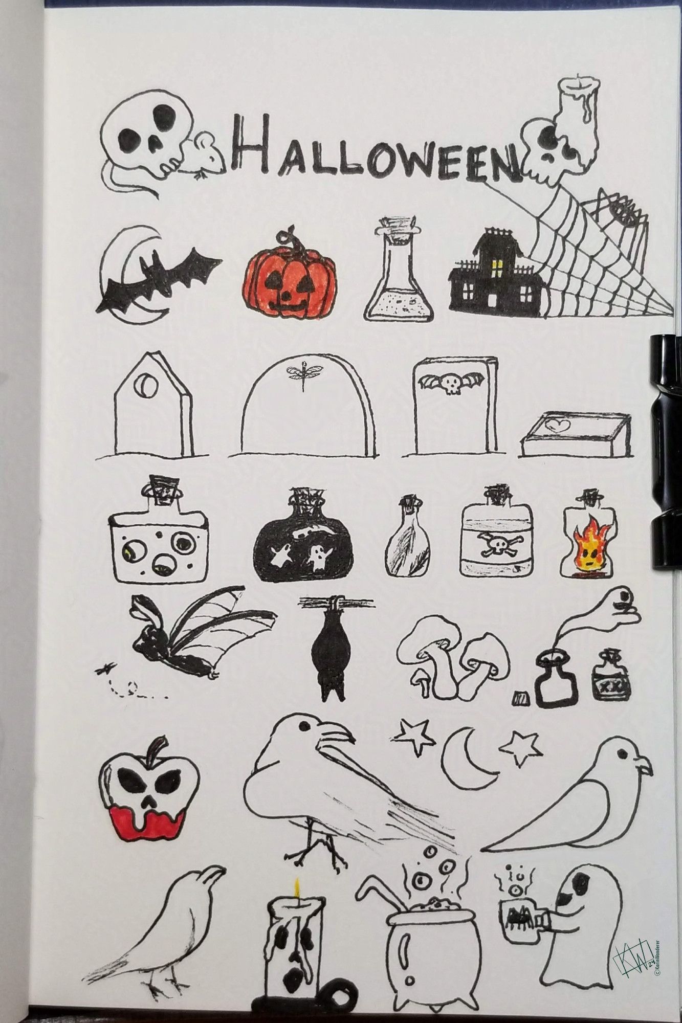 Page full of ink doodles for Halloween: skulls, candles, bats, pumpkins, potions, haunted houses, spiders, gravestones, bats, mushrooms, poison apples, crows, cauldrons, & ghosts.