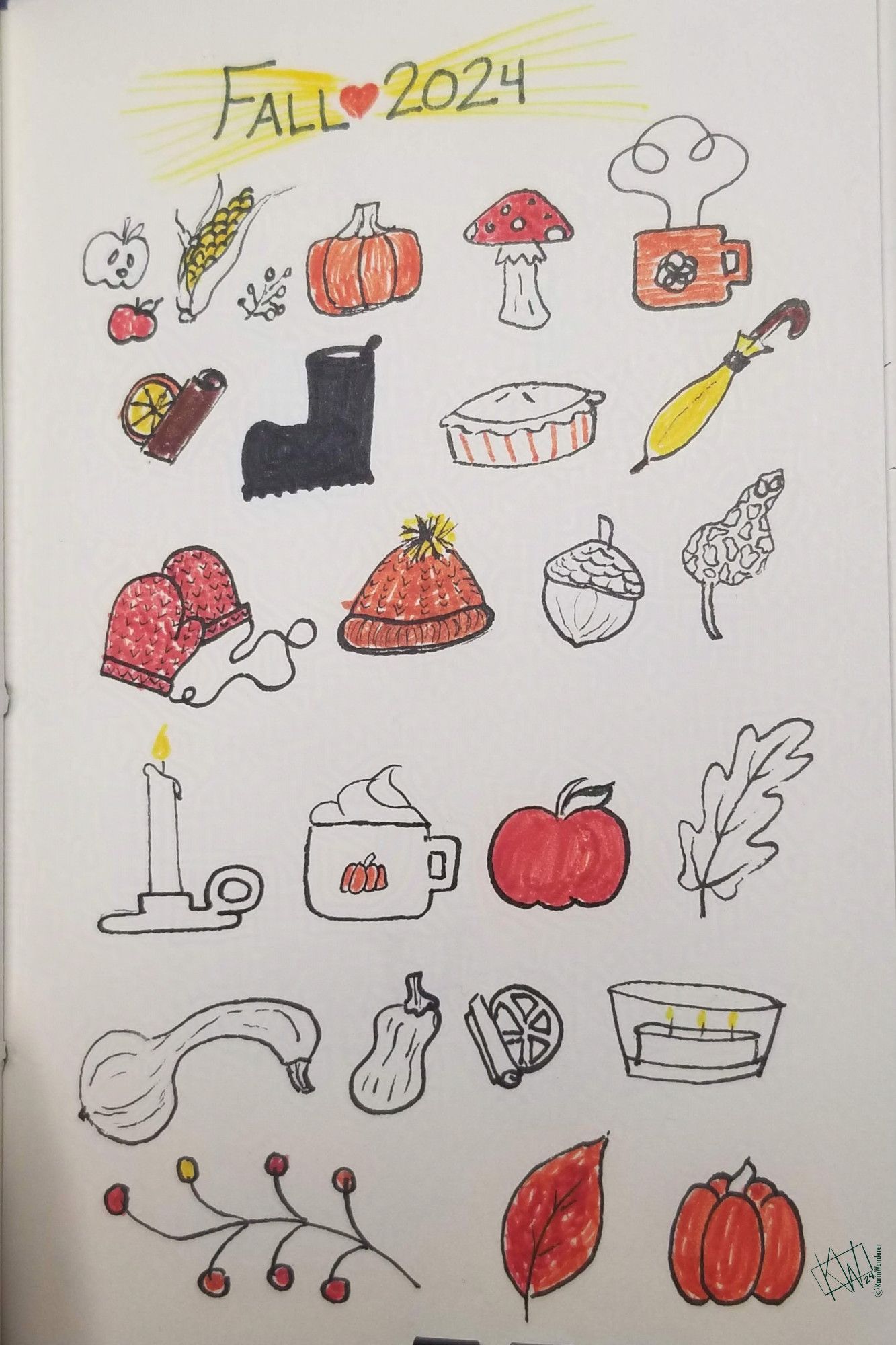 Fall 2024 Ink Doodles: Apples, corn, mushrooms, mugs of steaming tea, orange slices & cinnamon sticks, boots, pie, umbrella, mittens, knit cap, acorn, candles, hot cocoa, gourds, & leaves.