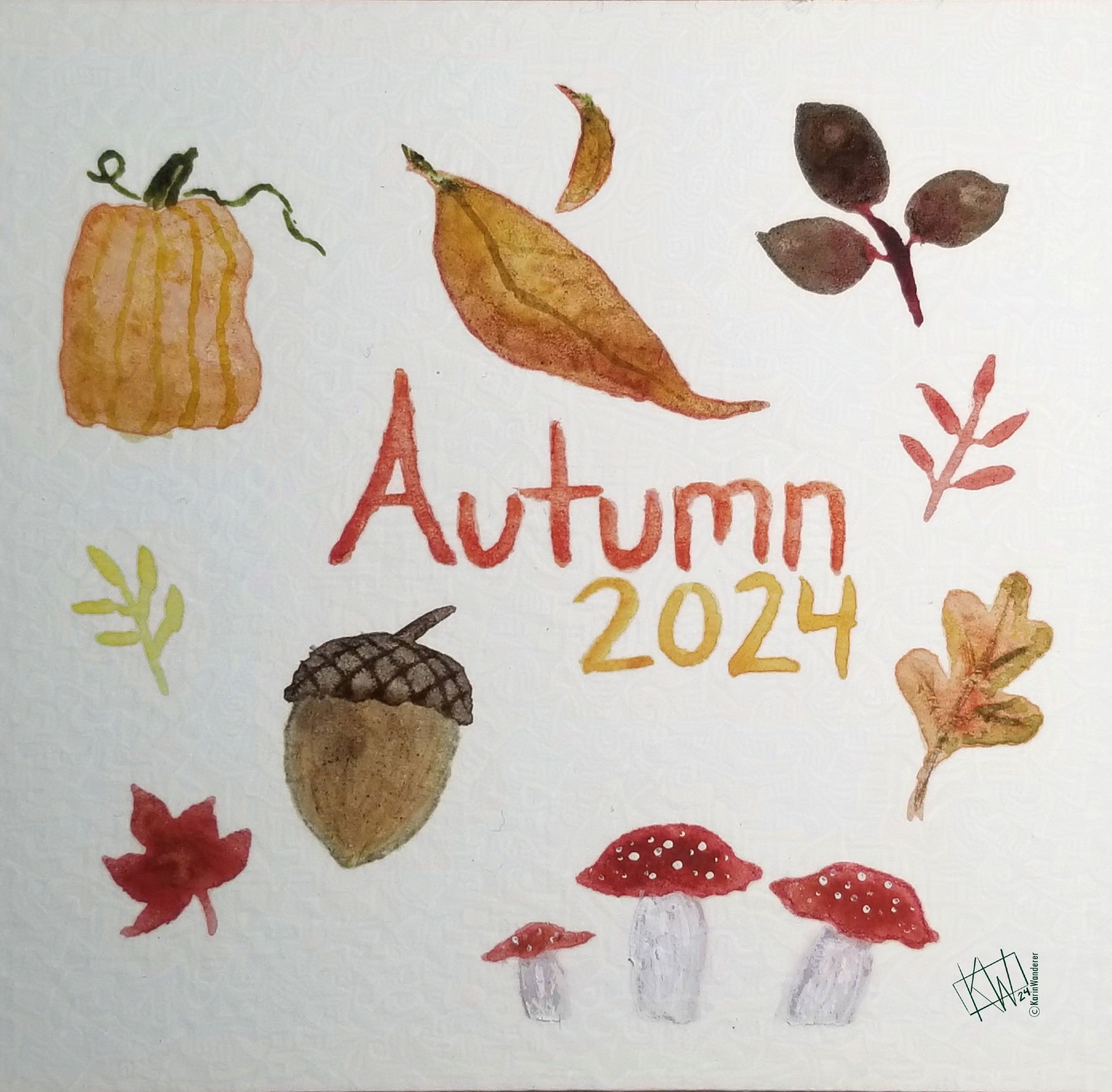 Watercolor pictures of pumpkin, acorn, mushrooms, & red/yellow/orange leaves. Text says "Autumn 2024".