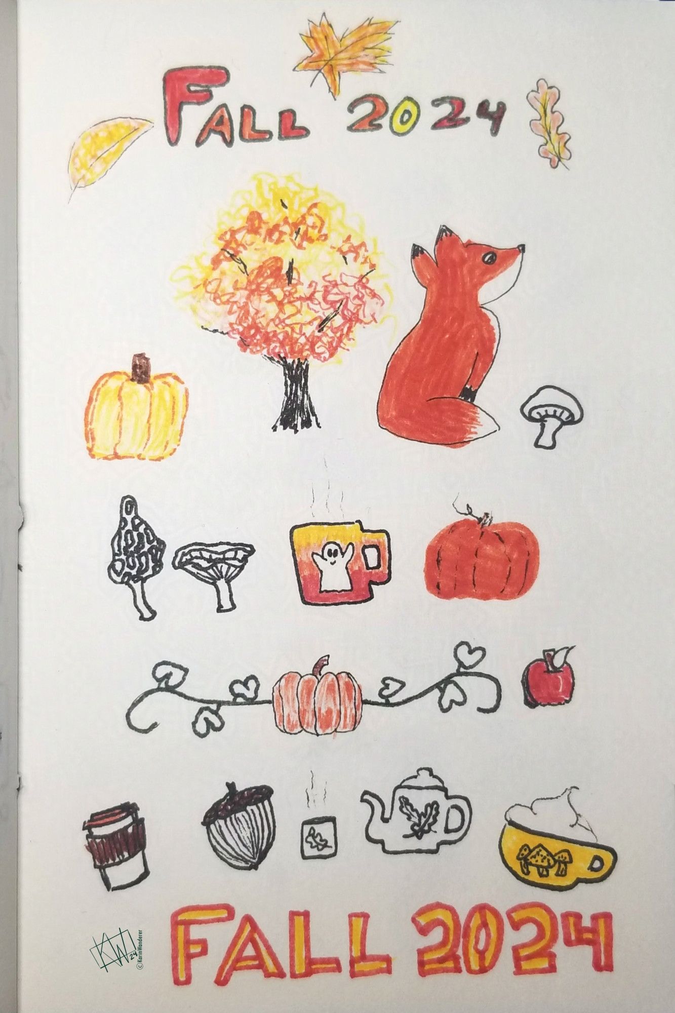 Ink drawings for Fall 2024: falling leaves, pumpkins, an tree whose leaves have turned color, a fox, mushrooms, mugs of tea, coffee, & hot cocoa.