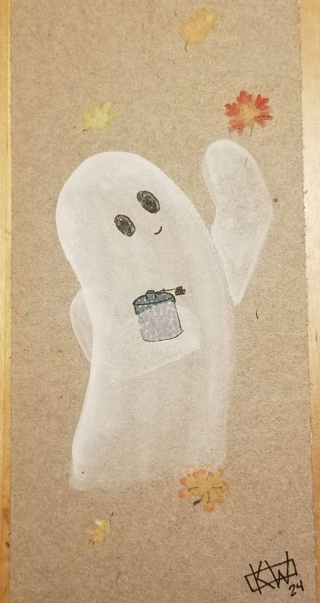 Paint & ink on cardboard. A happy ghost is holding a flask & reaching out toward a falling leaf. Other leaves swirl around, in the air & on the ground.