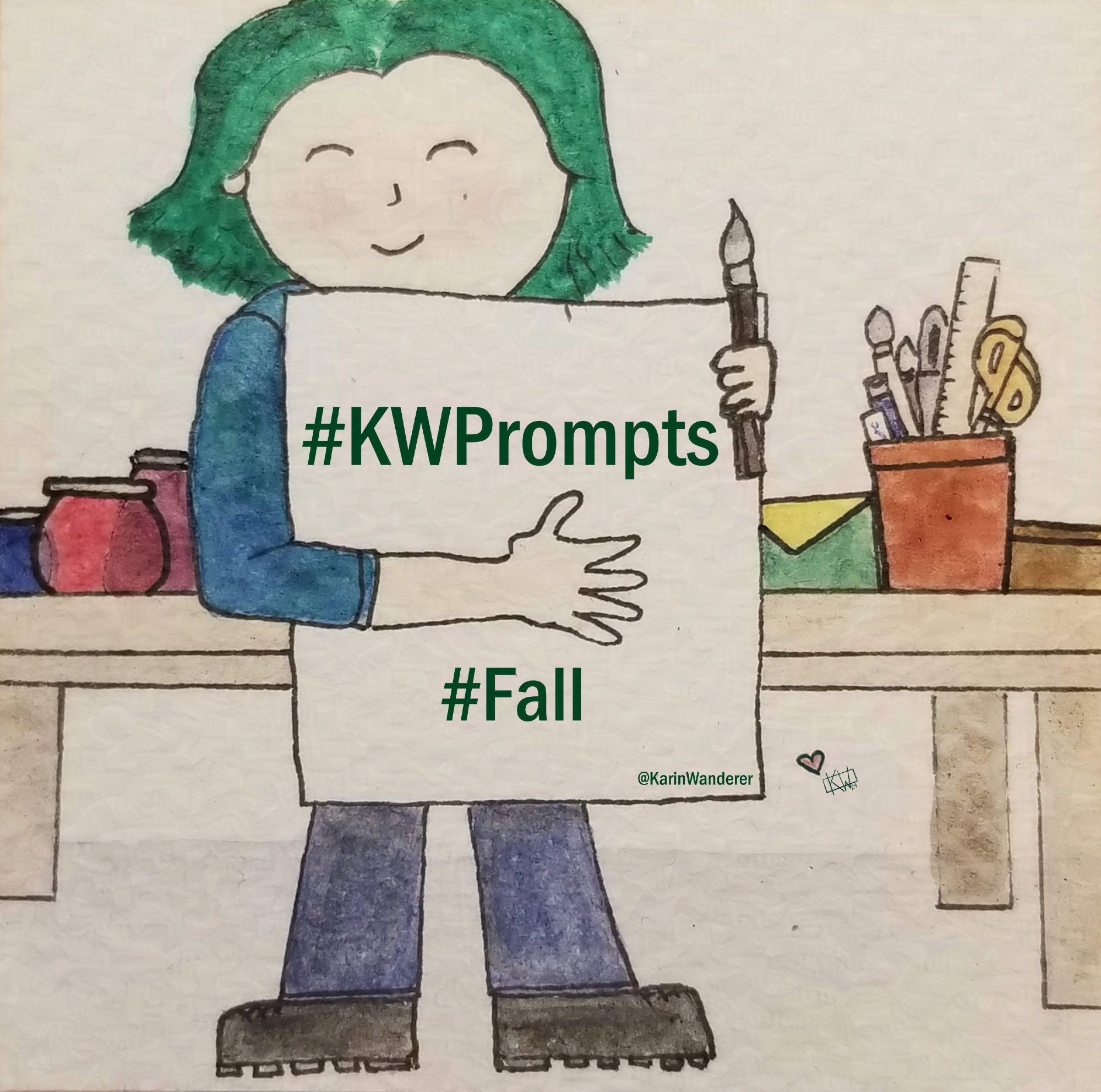 Title Card features watercolor & ink painting of a pale woman with short green hair smiling & holding a paintbrush & a large piece of paper with “#KWPrompts #Fall” written on it. The table behind her is covered in art supplies & mysterious bottles.