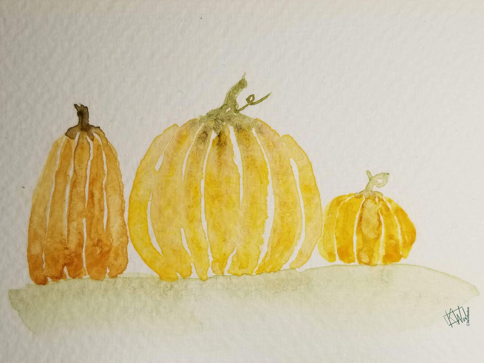 3 watercolor pumpkins sitting in a row.