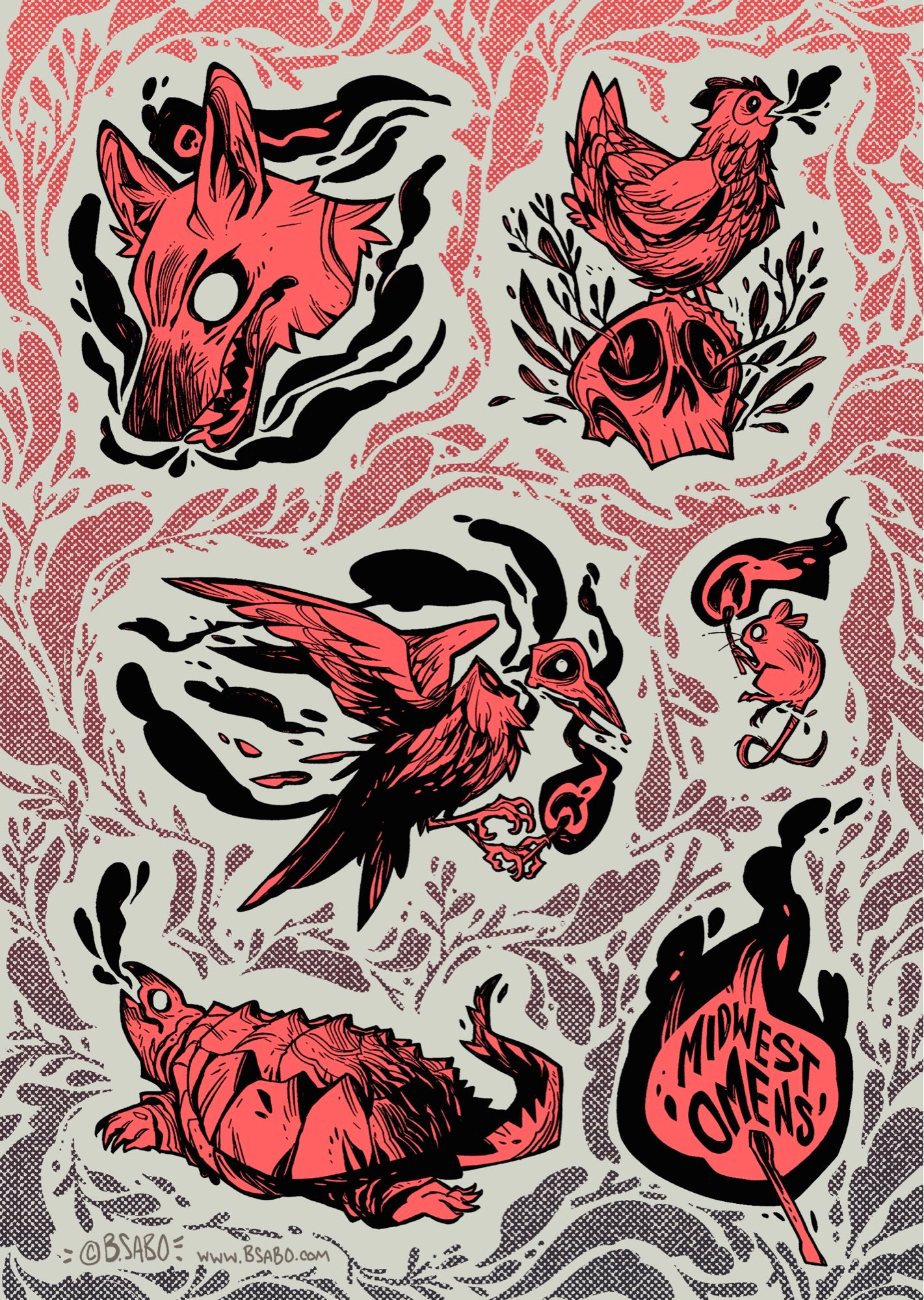 Various creatures on a sticker sheet; a hounds head, a chicken on a skull, a skeletal crow, a small mouse, and a snapping turtle.