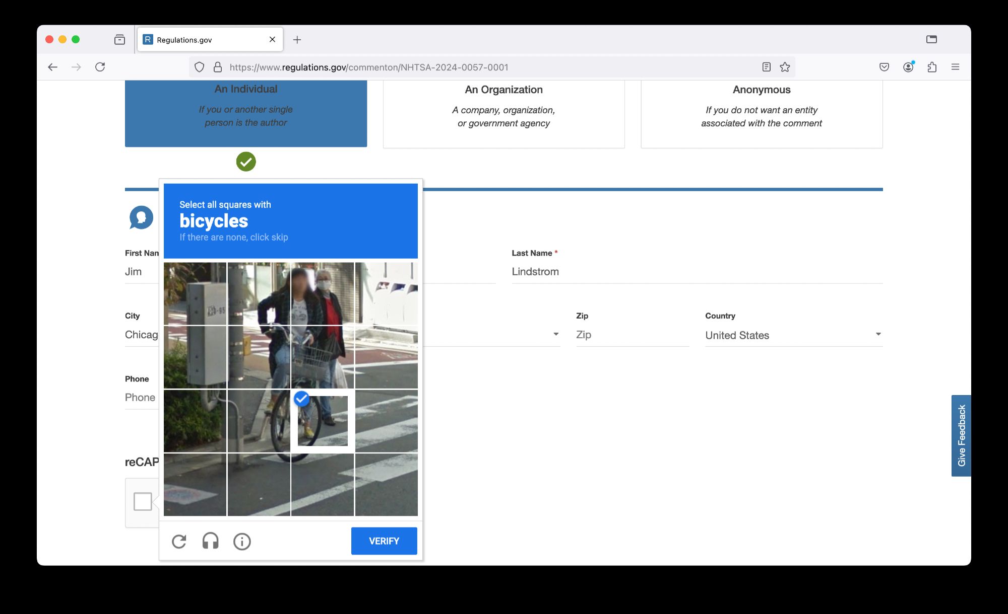 A screenshot of my browser. I'm on regulations.gov, adding my comment in support of a rule that would help vehicles see cyclists and pedestrians. And the CAPTCHA has decided to ask me if *I* can see bicycles. I have currently selected one of the 16 cells in the grid, which contains most of a cyclist's front tire.