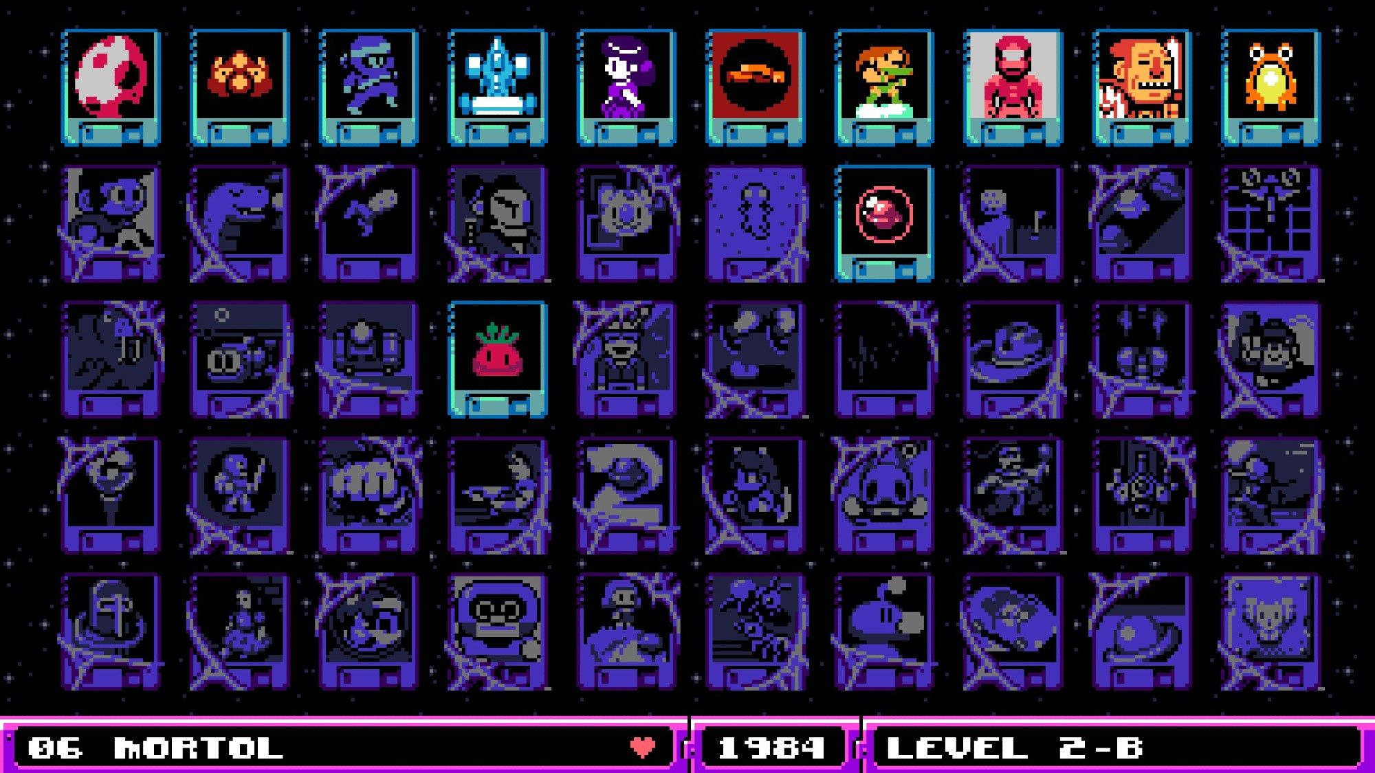 Game select screen depicting 50 retro console cartridges. 12 of 50 are highlighted