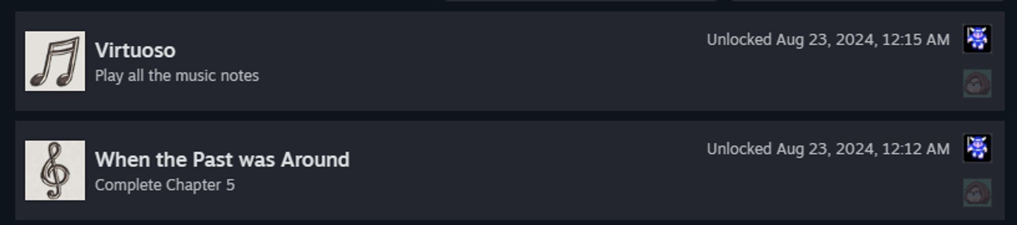 Achievements unlocked for beating chapter 5 and playing all the music notes