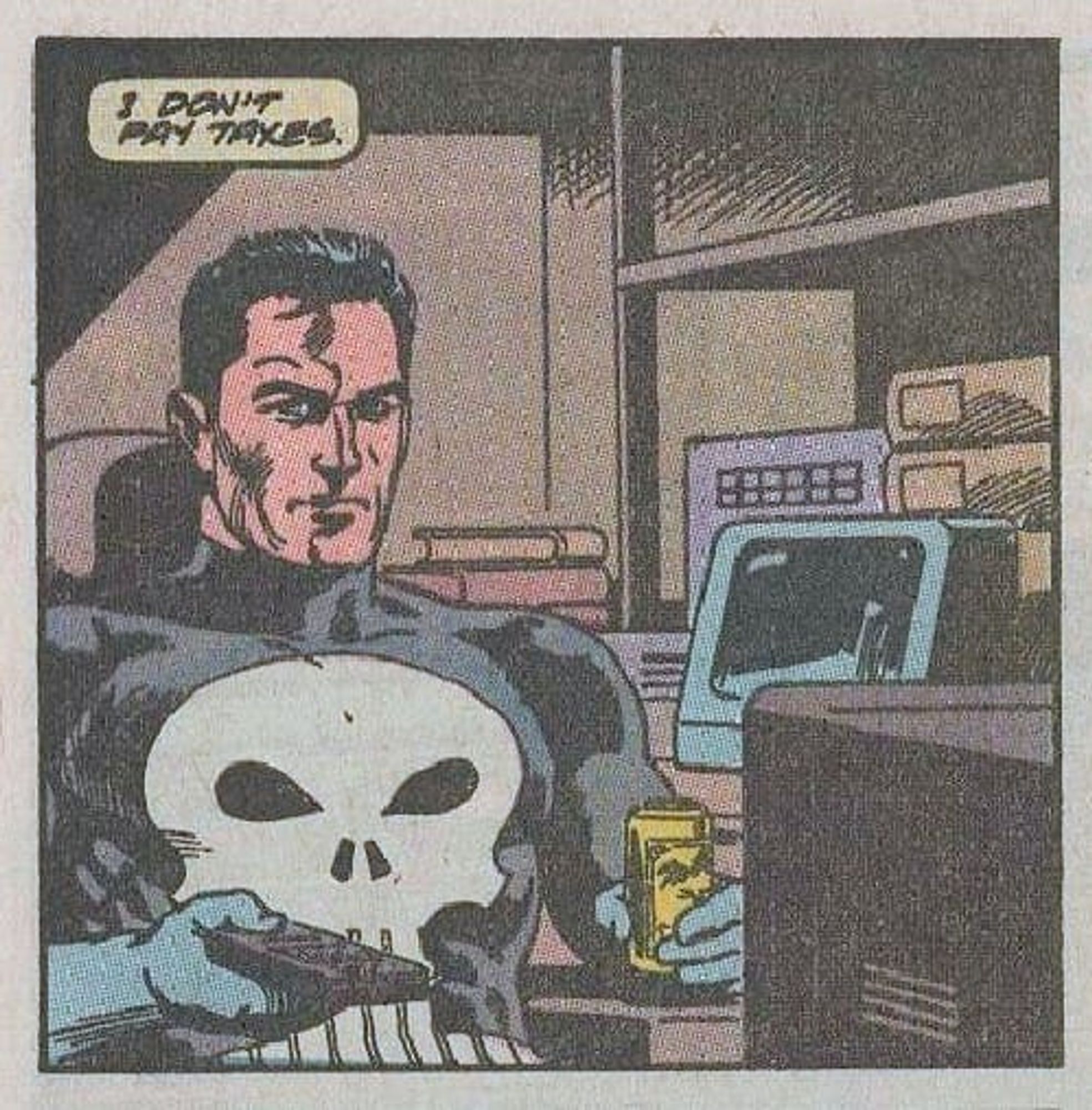 Comic panel of the Punisher sitting in front of a tv, holding a beer, with the caption "I don't pay taxes."