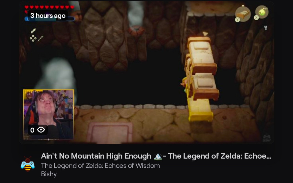 Twitch streamer Bishy delivering huge eye roll whilst playing The Legend of Zelda: Echoes of Wisdom