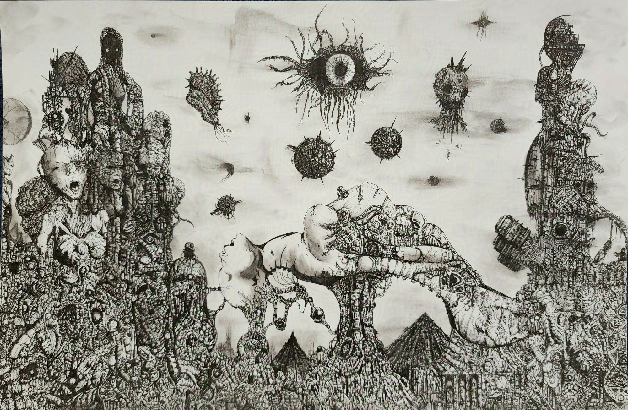 Pen drawing of a low detail bone or stone looking feminine form that is being held up and absorbed by columns of twisted organic looking technological structures that form the background and on the left rise up into various twisted figures dominated by one with a black void and two eyes for a face as a singular decaying structure dominates the right side and under a sky of spiky metallic moons and a large techno-organic eye.