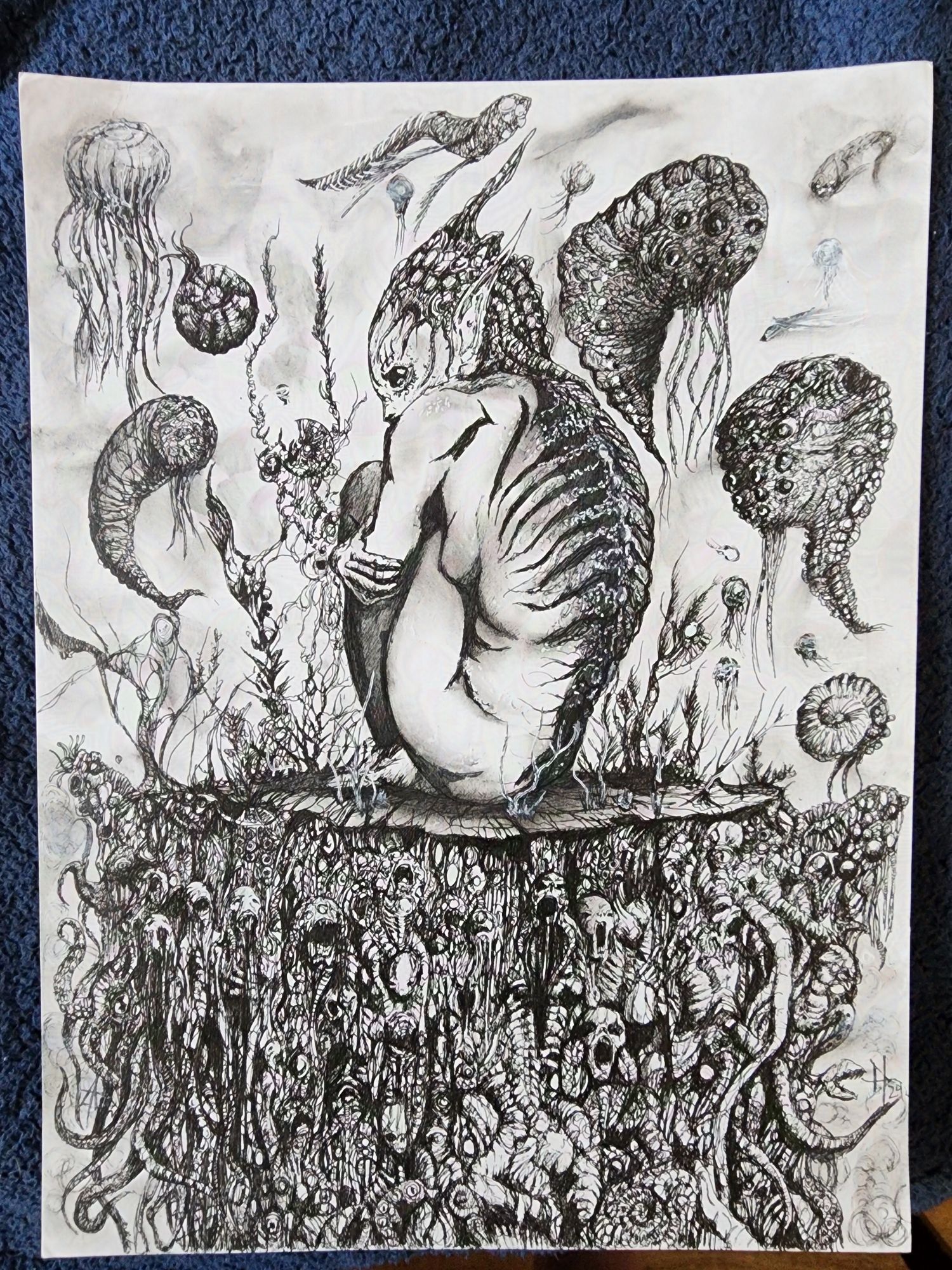 Pen drawing of a middle distance staring humanoid with long pointed ears and iridescent scales down it's back sitting curled up on a stone platform held up by a twisted mass of screaming beings and tentacles as strange aquatic beings swim around in the distance