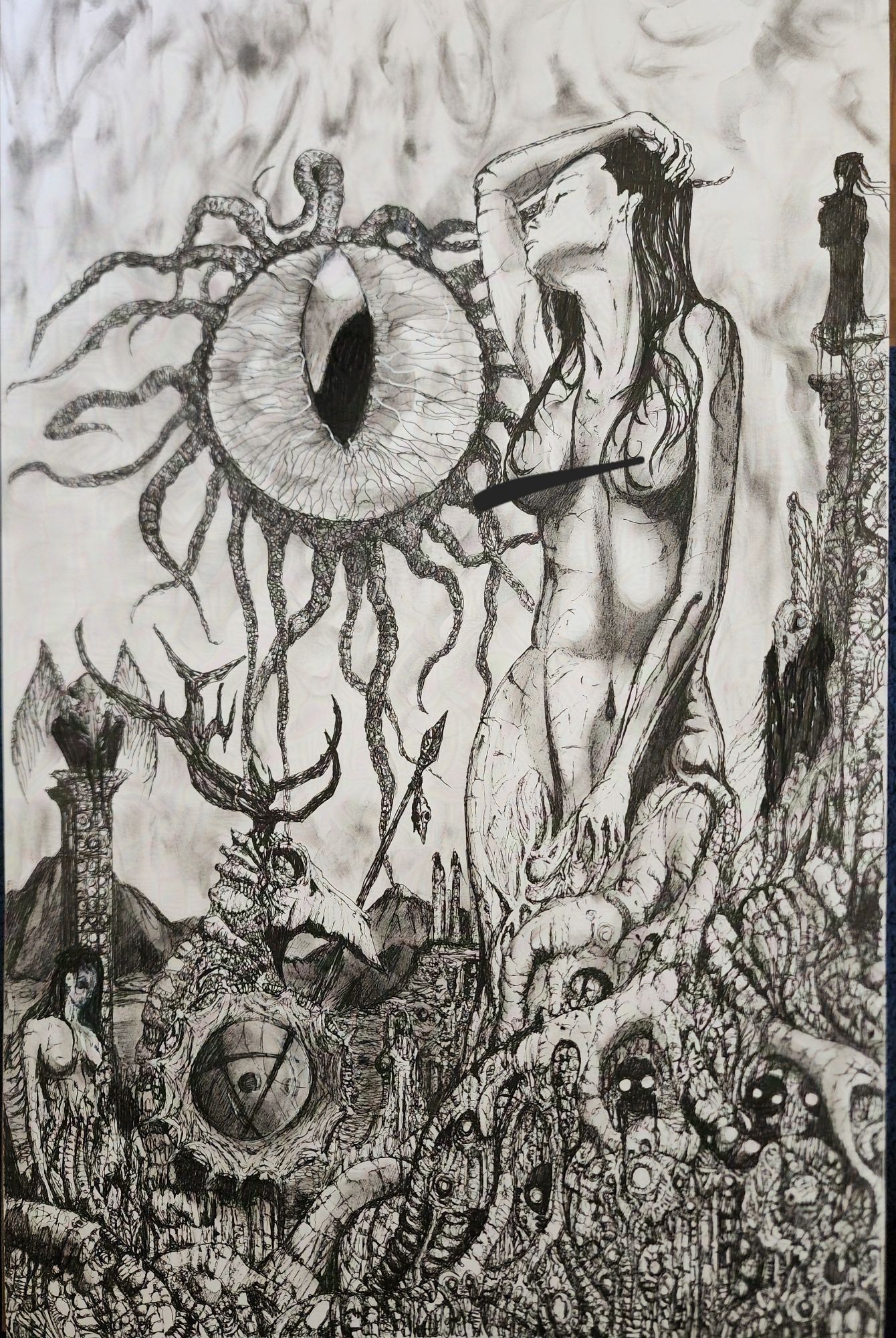 A pen drawing large feminine figure with an arm reaching up with a hand on her head flows into a series of twisted roots with small black creatures with large white eyes peering out dominates the foreground while a being with a head that is a bird skull with antlers walks in the distance with a shield and spear. In the background there are plinths with bord skulled creatures perched on them