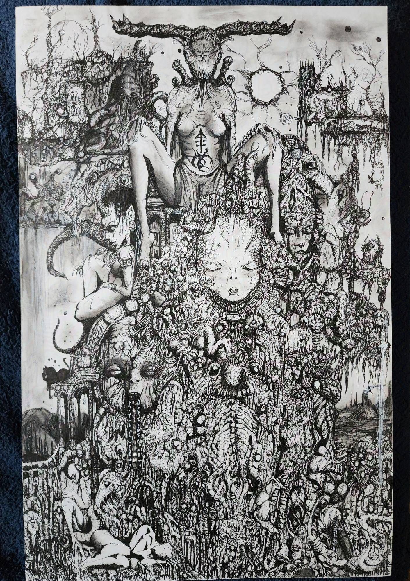 Pen drawing of a humanoid with large antlers emerging from a skull like face, with symbols tattooed on its stomach straddling a twisted and surreal biomechanical tower with faces embedded in large bone and organic constructs with several humanoid figures in the root like structures on the left while a feline like form lounges on a stone ledge supported by columns of stone while a demon and serpent lounge above it. Strange twisted growths emerge from the spire behind the stradling figure.