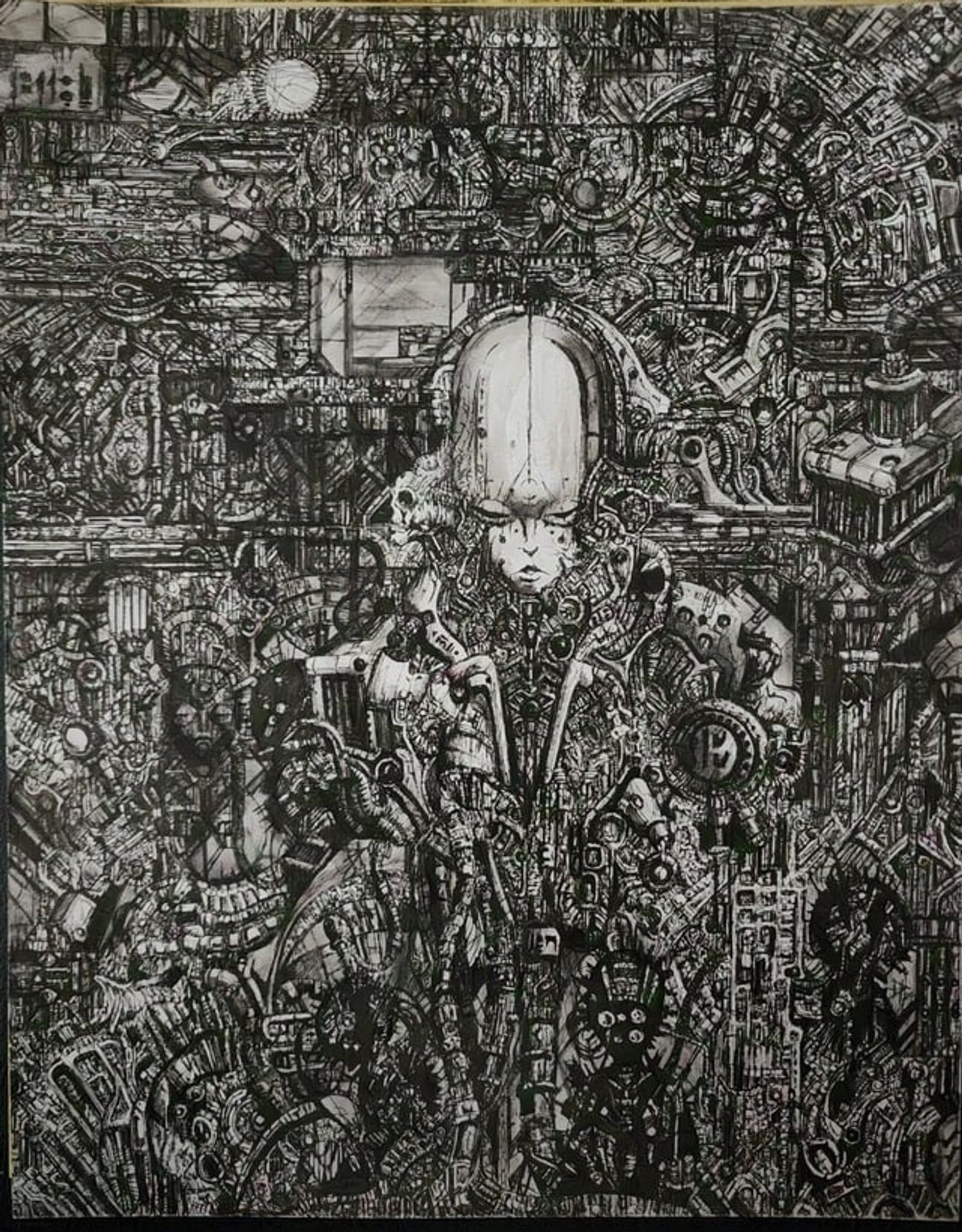 Pen drawing of a face with an elongated skull and a hint of body emerging from a random cyberpunk/anime background of metal and wires