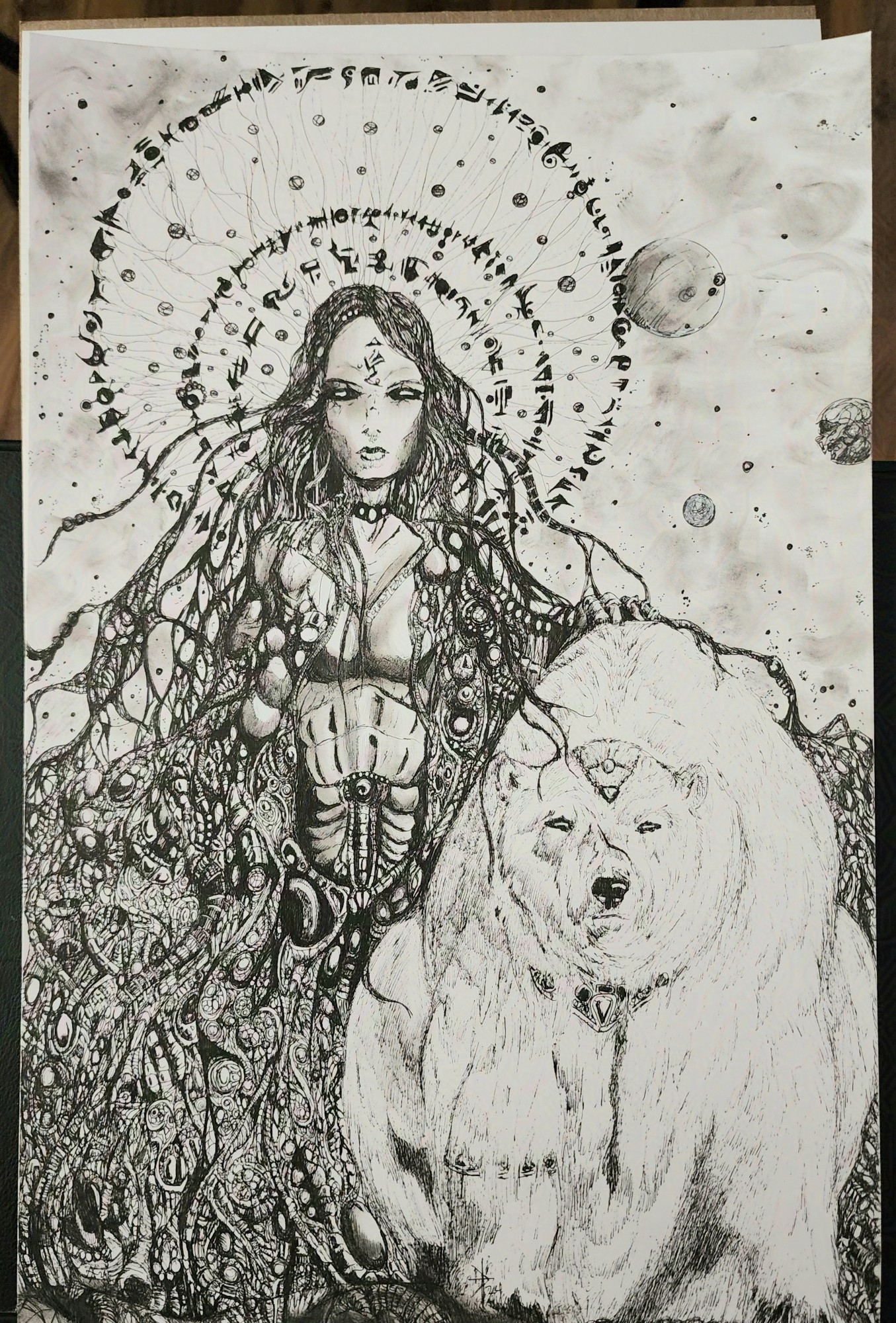 Pen of a feminine figure wreathed a living, twisted organic dress that flows from her torso and spreads out with tentacles as her head is wreathed in a halo with rings of runes around her head as she looks forward with her large bear companion that is wearing pieces of jewelry on itss head, neck and an arm. The sky is full of black stars and clouds.
