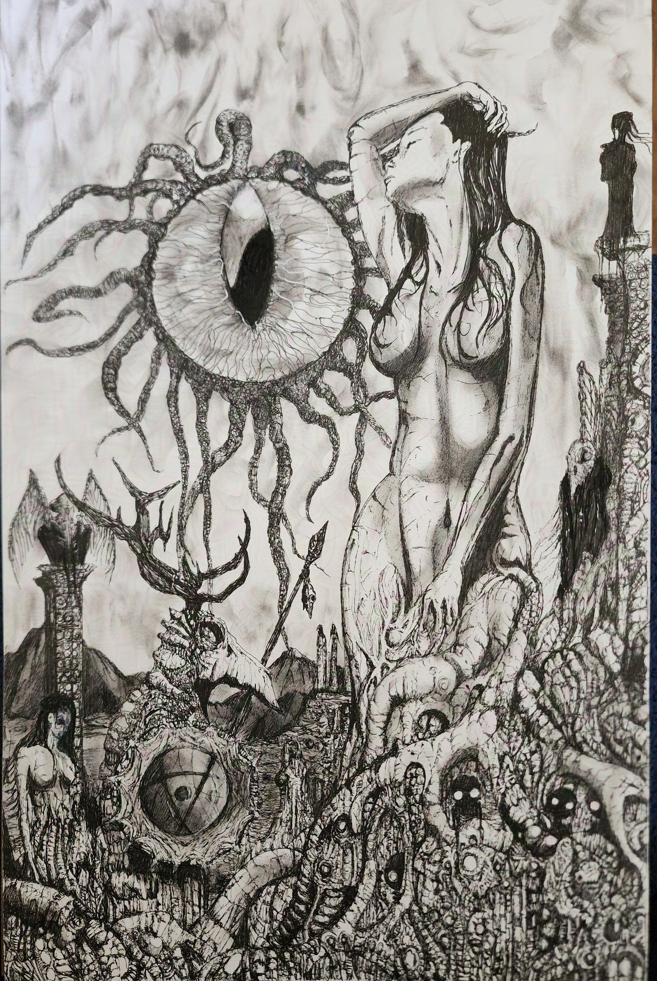 A pen drawing large feminine figure with an arm reaching up with a hand on her head flows into a series of twisted roots with small black creatures with large white eyes peering out dominates the foreground while a being with a head that is a bird skull with antlers walks in the distance with a shield and spear. In the background there ar