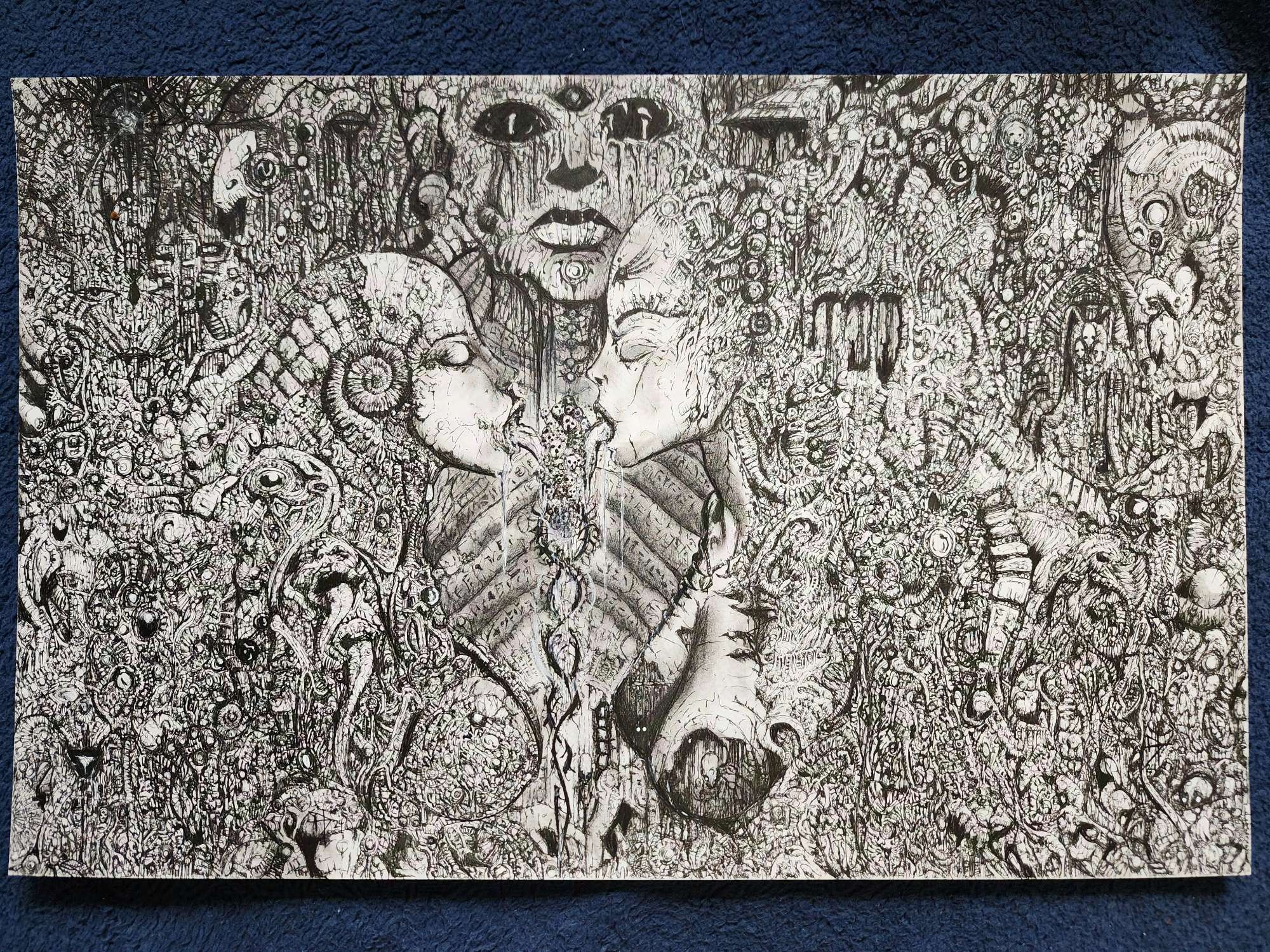 Pen drawing with two feminine faces structure with long tongues licking an ice crstructure made up of small skull like faces, each if their bodies flowing into the twisted biomechanical shapes that fill the page while a large stone like face stares out from the background
