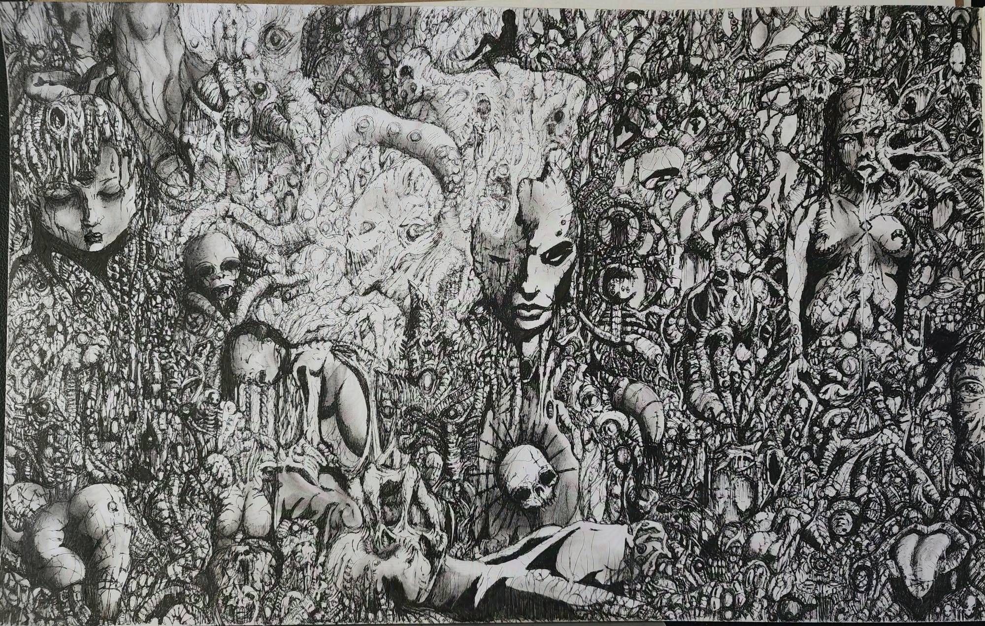 Pen drawing with a face, split slightly half way between a solid and a shadow, wearing a skull as a low necklace as it's left hand merges with the face of a feminine humanoid form while the rest of the scene is various twisted organic branching and tentacle shapes that flow into various humanoid forms and faces that branch upwards on the right. From the left more ghostly faces and shapes emerge from the shadowy part of the face and flow into various faces and twisted shapes before flowing into more solid organic shapes with faces and forms caught in the twisted web being woven.