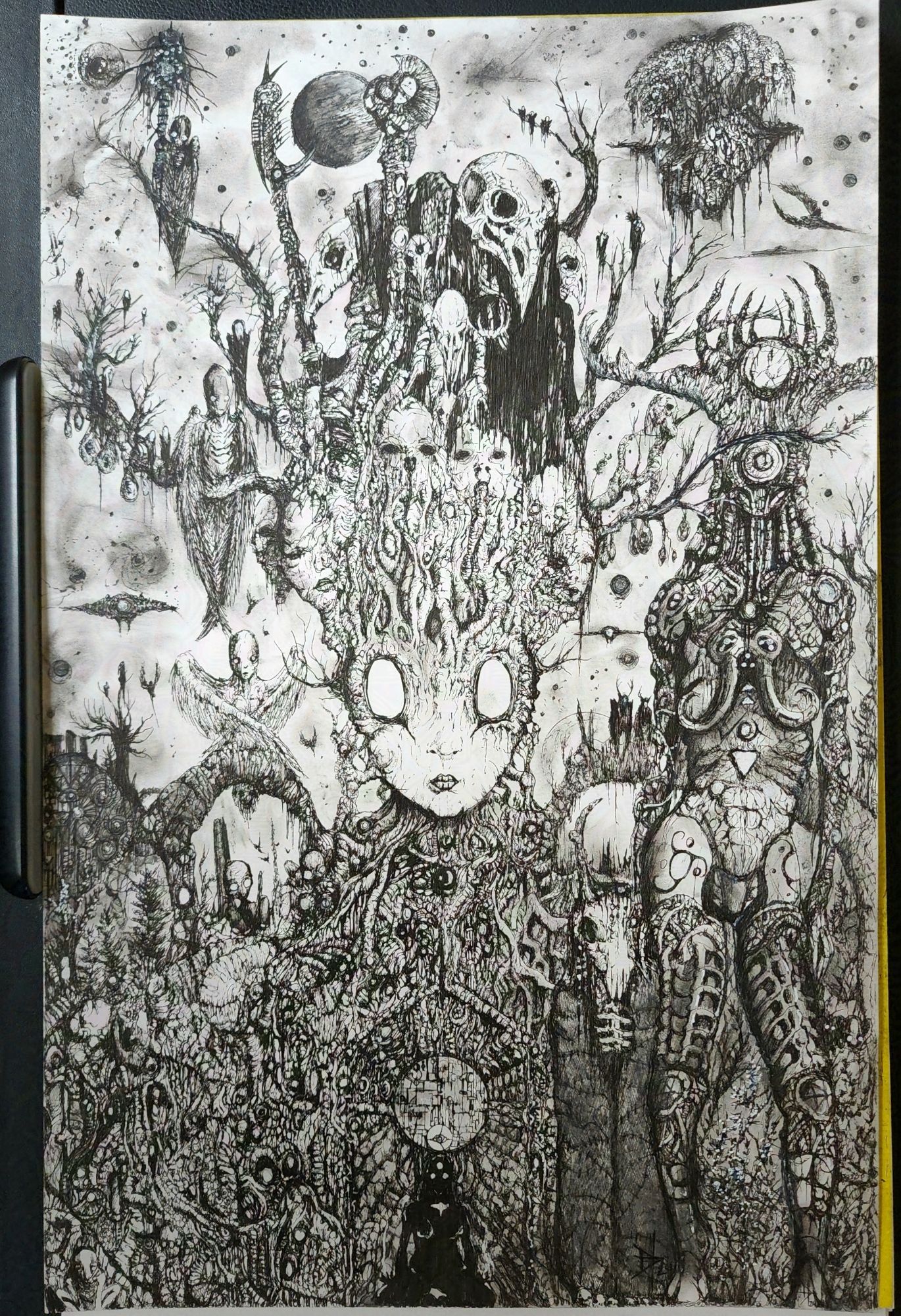 Pen drawing of a twisted fantasy scape with a one eyed guardian figure made of twisted organic shapes in a humanoid form before a large white eyed guardian tree that flows and twists into faces with several bird skulled beings in black robes perched above it. On the branches are other humanoid headed beings with birdlike wings as strange shapes and black stars litter the sky.