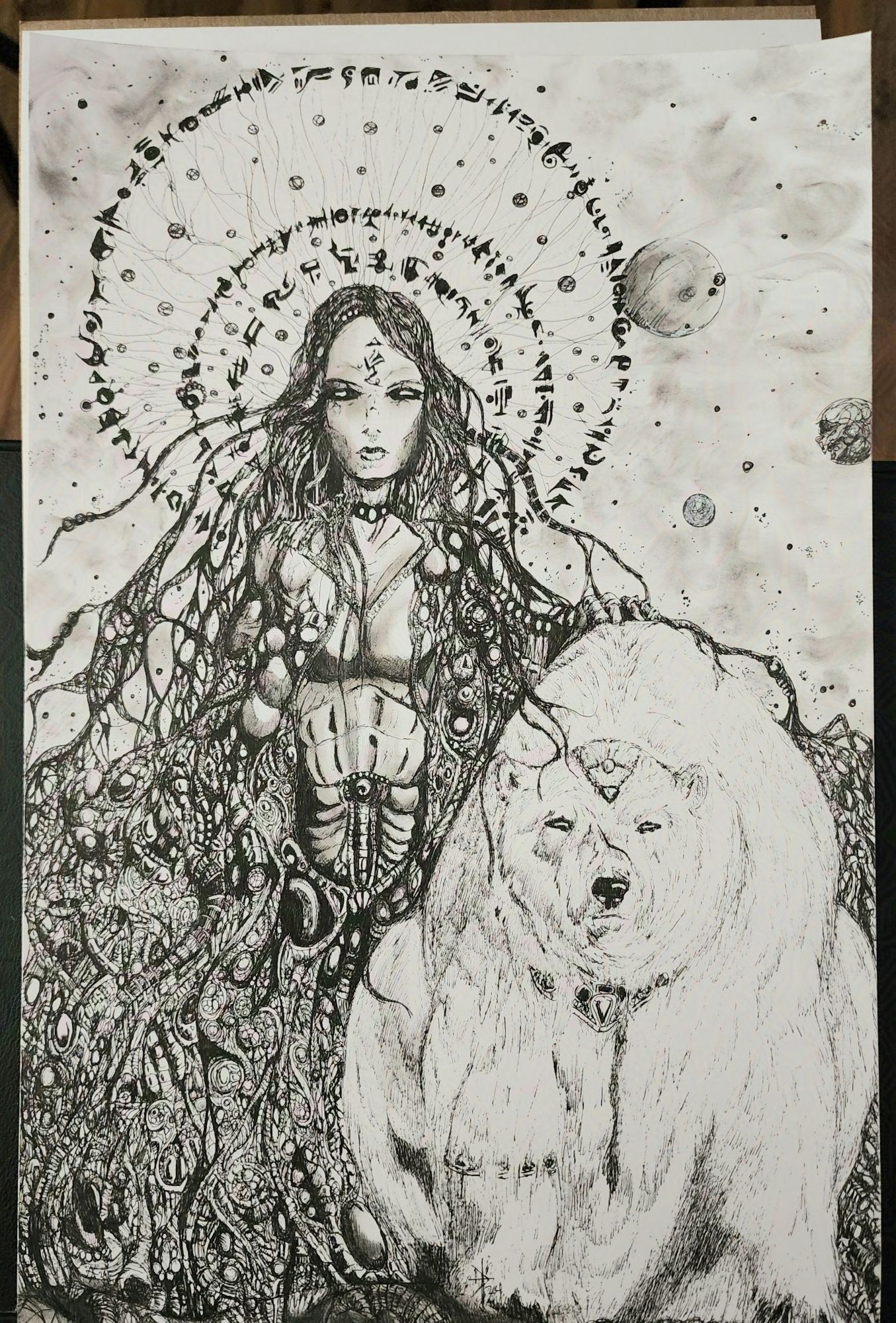 Pen of a feminine figure wreathed a living, twisted organic dress that flows from her torso and spreads out with tentacles as her head is wreathed in a halo with rings of runes around her head as she looks forward with her large bear companion that is wearing pieces of jewelry on itss head, neck and an arm. The sky is full of black stars and clouds.