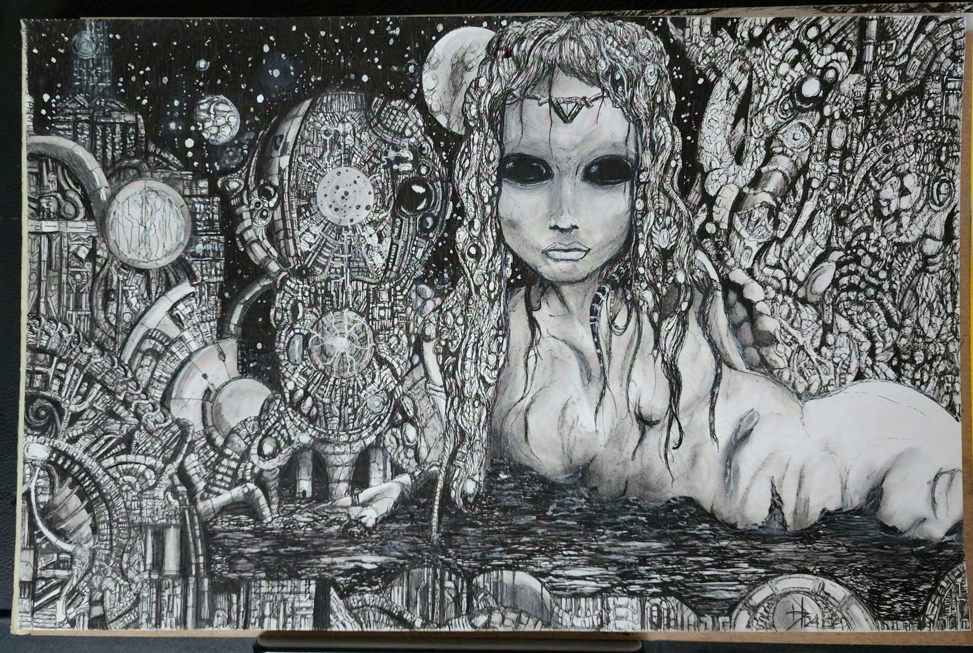 Full page, black and white pen drawing of a large, black eyed humanoid with greyish skin staring at the viewer. Her "hair" is more like a wig of gems and twisted strands and are more tentacle like than hair like. She  is lying on her side in a pool of thick liquid, surrounded by strange technologies with organic pieces as well as techno-organic shaped equipment under a starry sky.