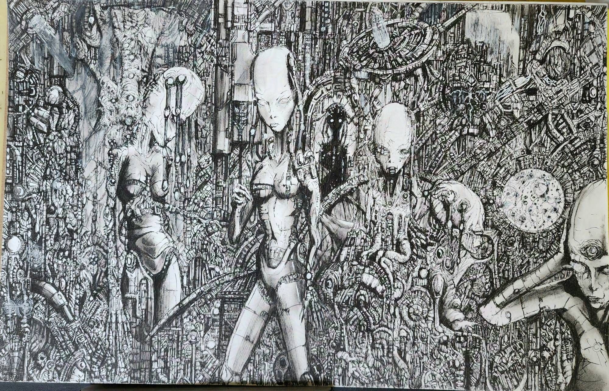 Pen drawing of an elongated skull humanoid sitting in a techno-organic construct across from an expanse of water from a large glowing portal ringed by machinery with a procession of beings entering/leaving it from some buildings on that are showing through the vegetation on that far bank and the close one. A second figure is staring past some pillars towards the horizon and the faint, far off arcs of some megastructures ringing the world.