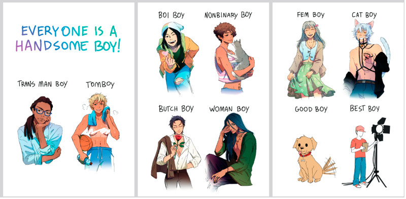 Everyone is a handsome boy!
Trans man boy, tomboy, boi boy, nonbinary boy, butch boy, woman boy, femboy, catboy, good boy (dog), best boy (lighting grip)