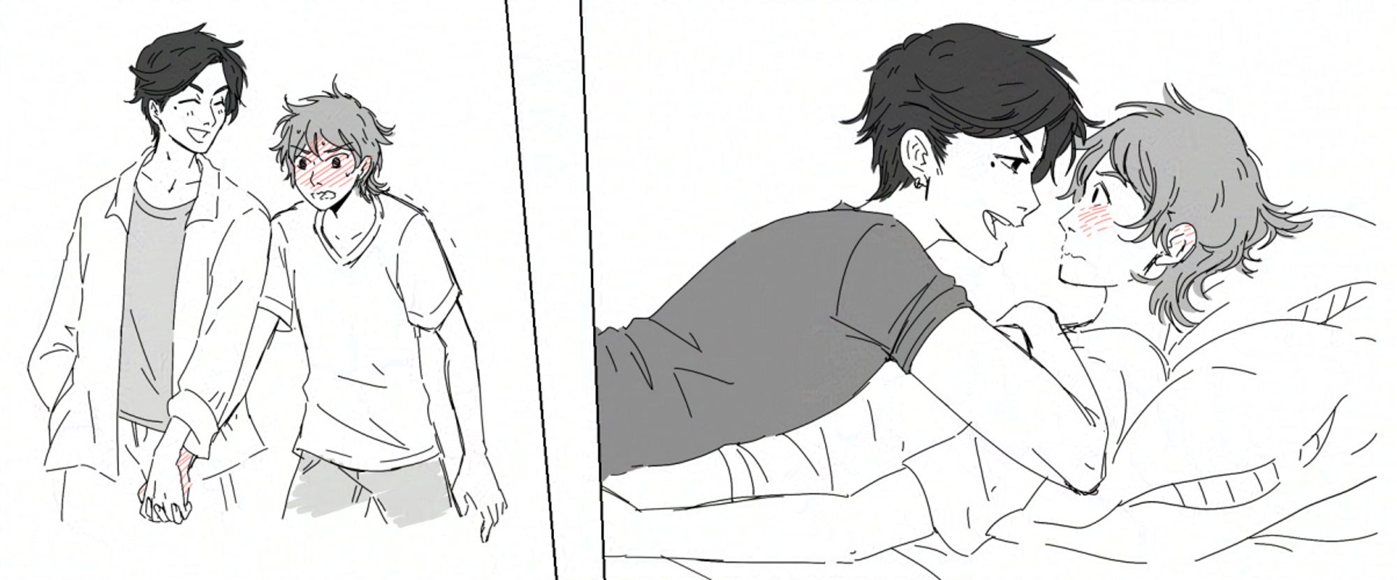 panel 1: holding hands
panel 2: the returning friend laying on top of the first guy

#BL #yaoi #boyslove #art #comic #romance