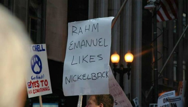 A protest sign from the Chicago Teacher's Union strike in 2012 that says "Rahm Emmanuel Likes Nickleback"