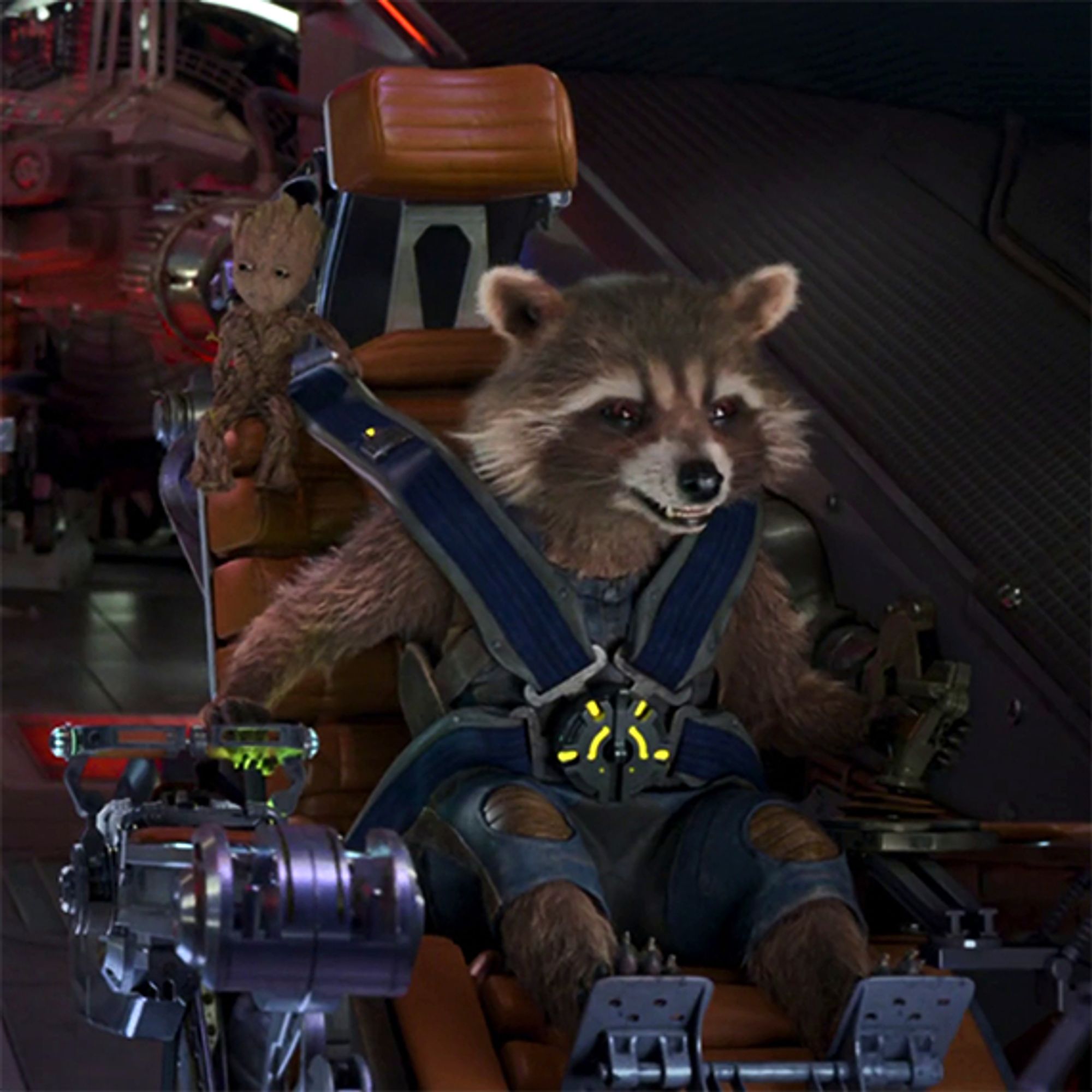 Rocket Raccoon in Guardians of the Galaxy Vol. 2. He's leaning forward in a co-pilot's seat of the Milano, with a mischievous smile on his face.