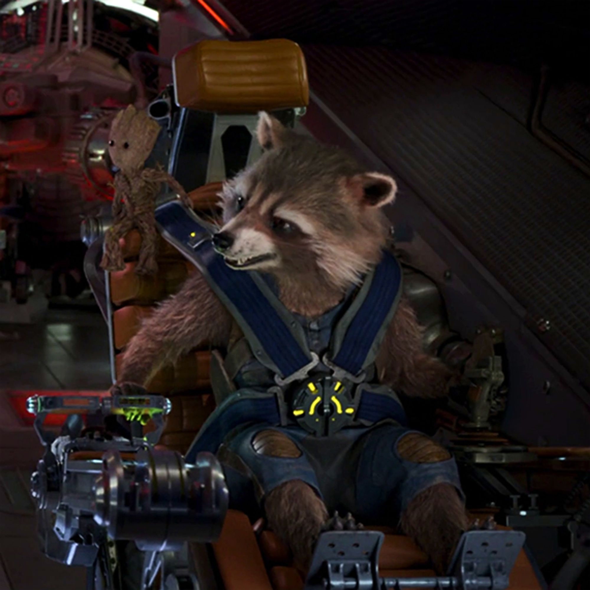 Rocket Raccoon in Guardians of the Galaxy Vol. 2. He's sitting in a co-pilot's seat of the Milano. He's turning to his right, giving someone off-camera a mischievous grin.