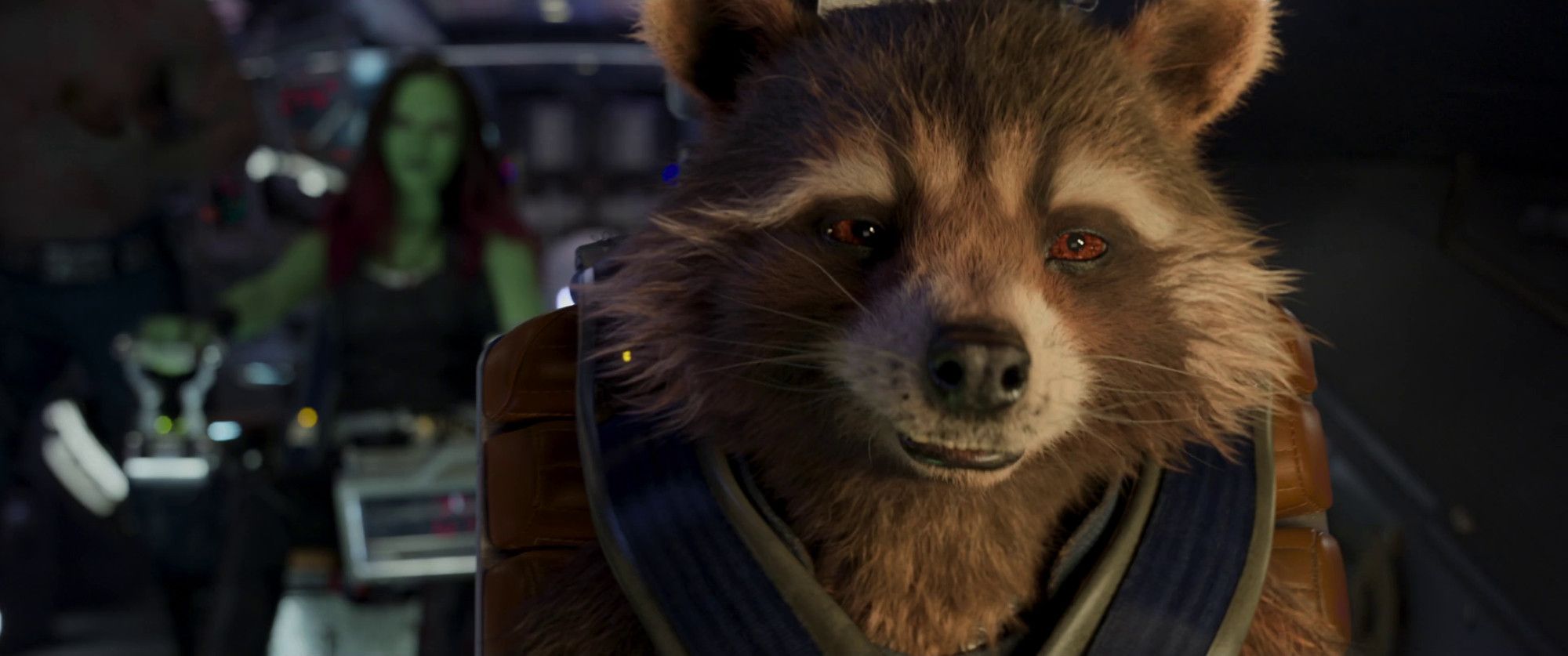 Rocket Raccoon in Guardians of the Galaxy Vol. 2. A close-up on Rocket as he has a smug smile on his face. Gamora can be seen in the background - she's not in-focus but she is definitely unamused.