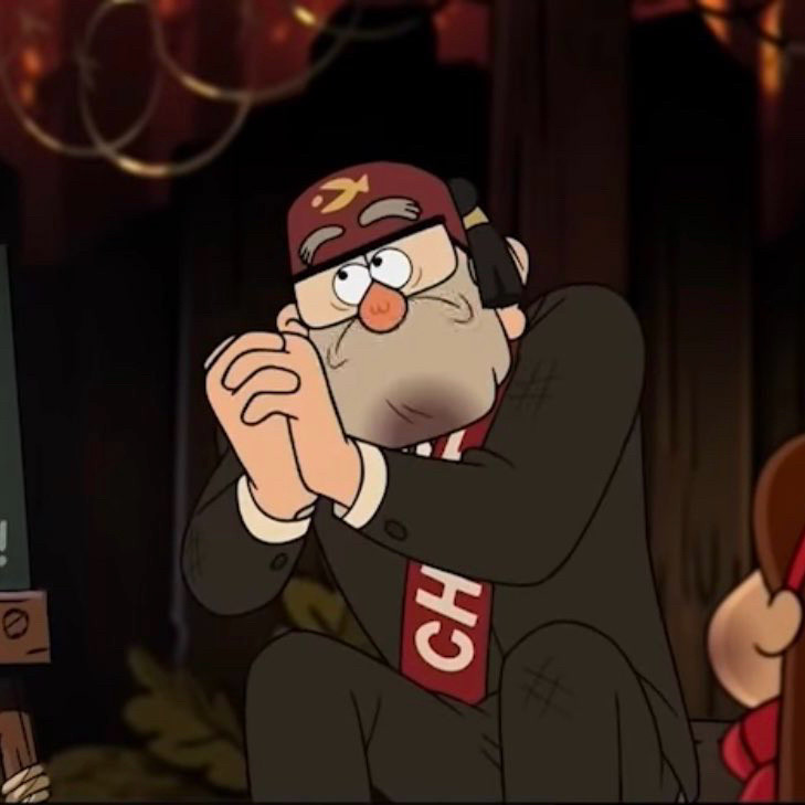 Pic of Grunkle Stan from Gravity Falls looking up with his hands together